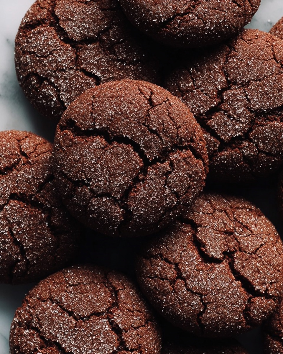 The image shows a stack of six round chocolate cookies on a white marbled surface. Each cookie has a cracked texture with sugar crystals sprinkled on top, giving a slightly rough look. The top cookie has a bite taken from it, revealing a soft, dark brown inside. In the background, there is a clear glass of milk and a white container slightly blurred to keep focus on the cookies. The lighting is soft and natural, highlighting the details and texture of the cookies. photo taken with an iphone --ar 4:5 --v 7
