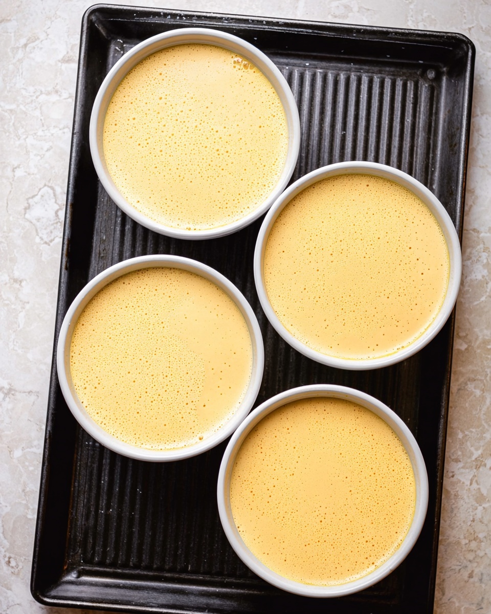 The image shows four round white bowls filled evenly with a smooth light orange creamy mixture that has tiny bubbles on the surface, sitting on a black rectangular tray with subtle ridges. The bowls take up most of the tray space and are arranged in a near square pattern with two bowls on top and two on the bottom. The background around the tray has a white marbled texture. photo taken with an iphone --ar 4:5 --v 7