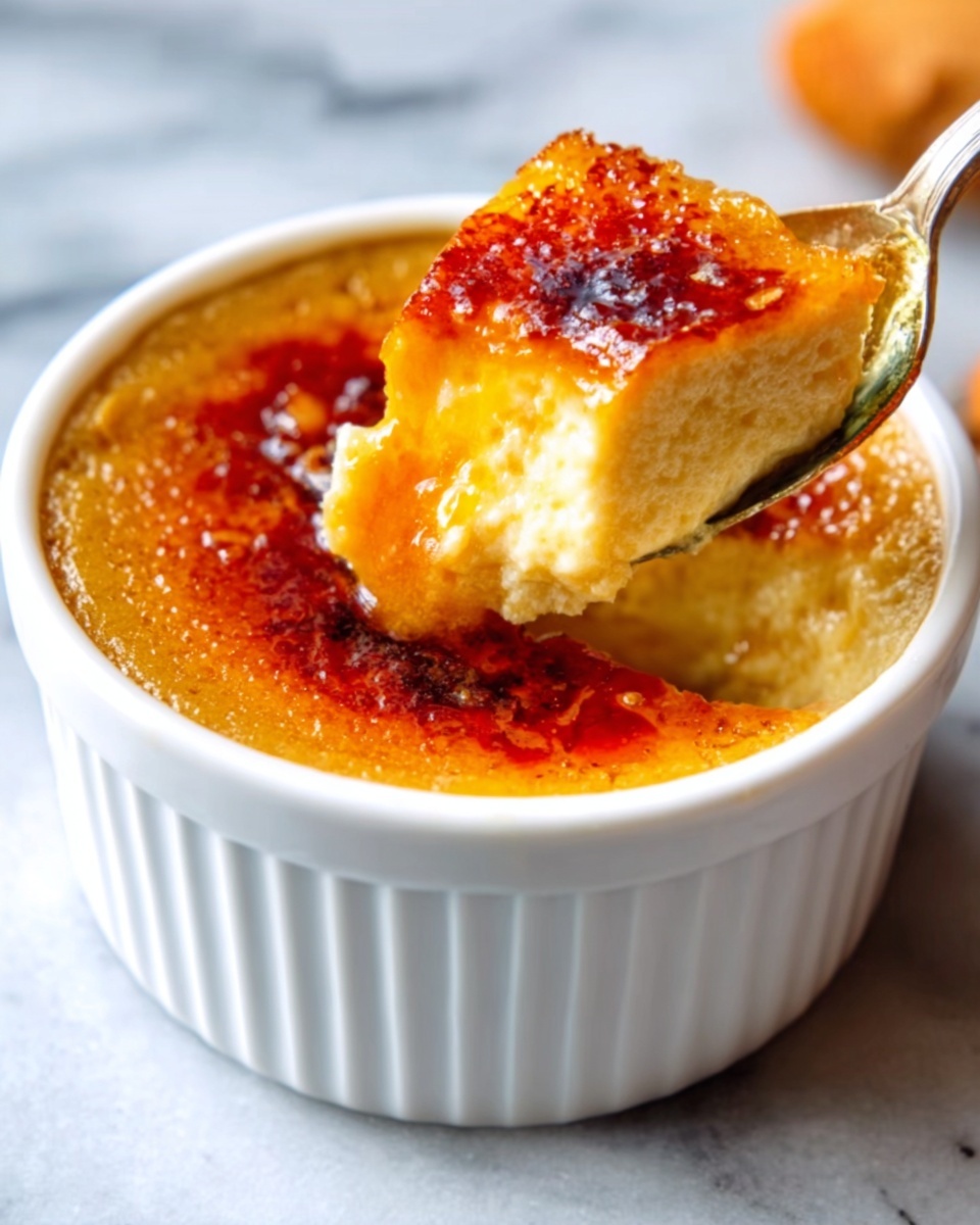 The image shows a white ramekin filled with smooth, creamy custard topped with a shiny, golden brown caramelized sugar crust. A spoon lifts a portion of the custard, revealing its soft and creamy texture underneath the crisp caramel layer. The ramekin sits on a white marbled surface, and the overall lighting highlights the contrast between the glossy caramel and the creamy custard below. Photo taken with an iphone --ar 4:5 --v 7