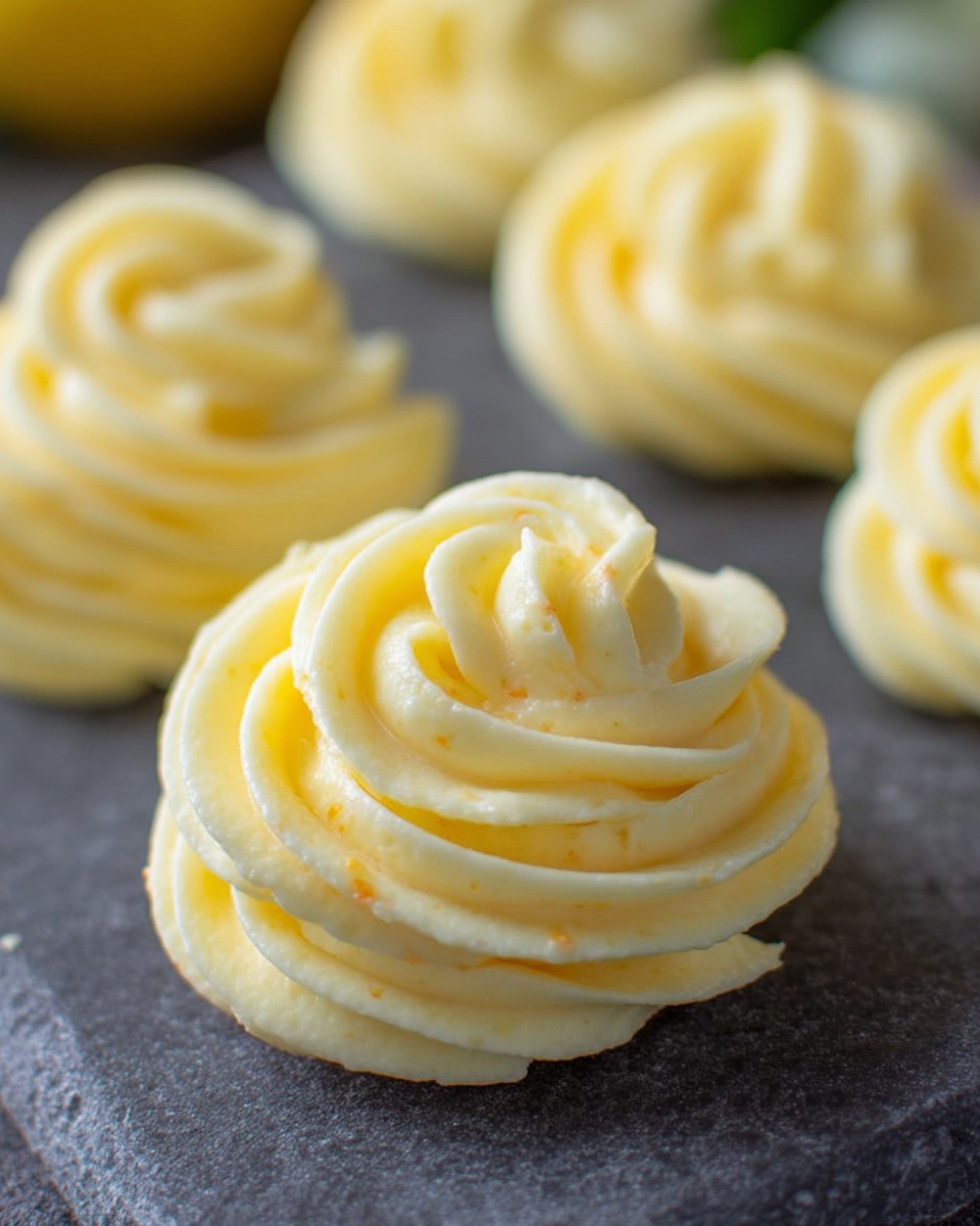 The image shows several small swirls of yellow cream arranged closely on a dark gray stone surface, each swirl made of soft, smooth, and slightly shiny texture with delicate ridges and folds, forming a rosette shape. The cream has a light, pale yellow color with tiny orange specks visible, giving it a fresh, citrusy look. The background is out of focus, showing more cream swirls and a blurred hint of yellow and green that looks like a lemon and lime. The photo taken with an iphone --ar 4:5 --v 7