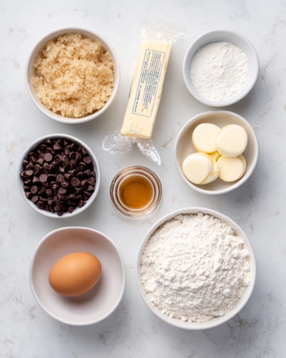 The image shows seven small white bowls and one egg on a white marbled surface. The top left bowl has a light brown, grainy mixture. Next to it, there is a small stick of butter wrapped in paper. To the right, a white bowl holds a white powdery ingredient, and beside it is a small white bowl with two white round pieces. A small clear glass cup with a light brown liquid stands next to the white bowl. On the bottom left, a white bowl is filled with dark brown chocolate chips. In the center bottom, a single brown egg lies between the chocolate chips and a large white bowl filled with white flour. photo taken with an iphone --ar 4:5 --v 7