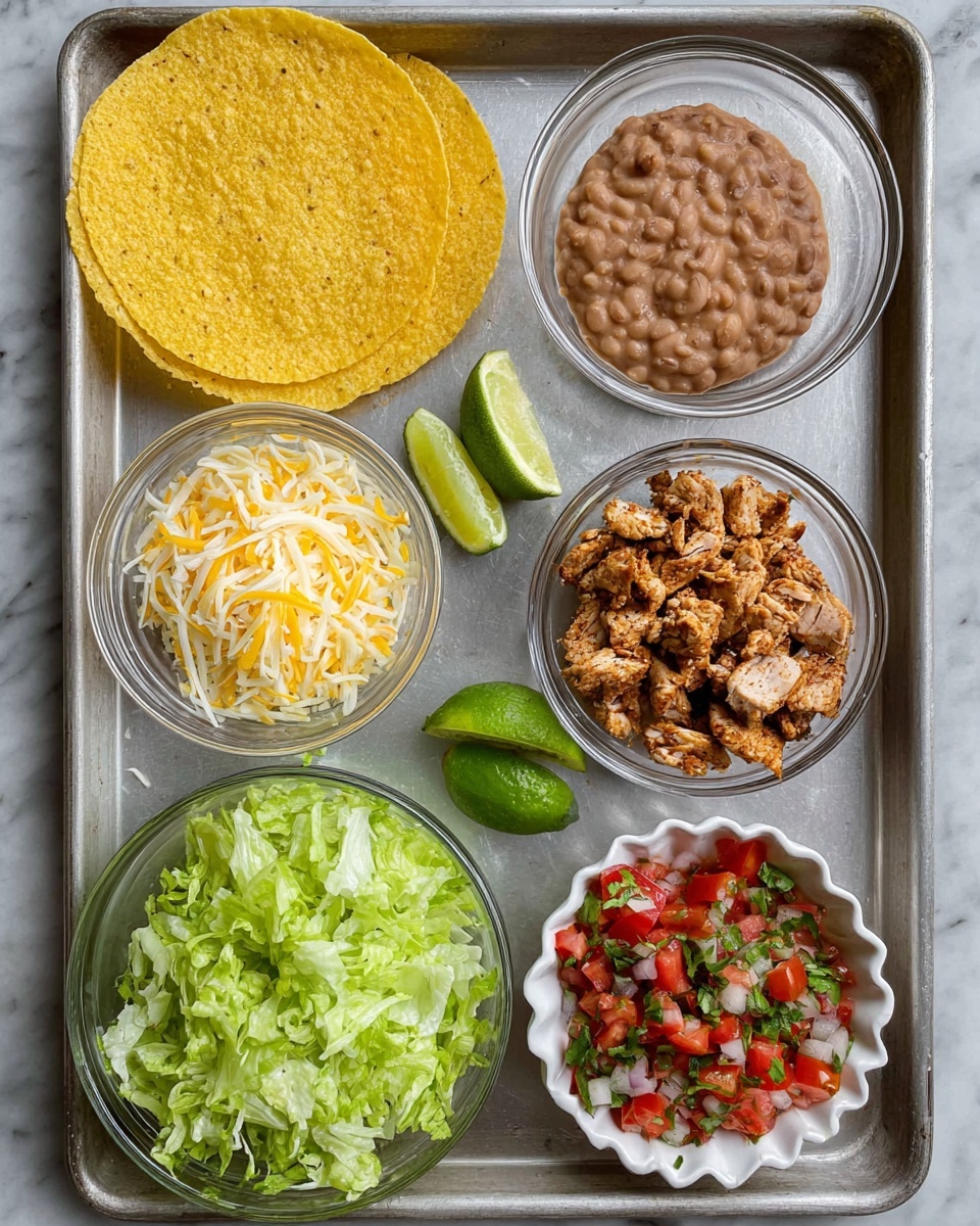 The image shows a metal tray with six food items arranged neatly on a white marbled surface. At the top right, there is a single yellow corn tortilla with a rough texture. To its left, a glass bowl holds light brown refried beans with a smooth but chunky texture. Below the beans, a small wedge of lime rests on the tray. Directly under the tortilla, a clear glass bowl contains shredded cheese, white and yellow in color, with a soft and fluffy texture. To the right of the cheese, a glass bowl holds chopped, spiced chicken pieces with a slightly dry and seasoned look. Below the chicken, a white bowl with a scalloped edge contains bright red and green pico de gallo made of diced tomatoes, onions, and herbs. At the bottom left, a larger glass bowl is filled with fresh, shredded green lettuce. Another wedge of lime is beside the chicken, completing the fresh ingredient setup. photo taken with an iphone --ar 4:5 --v 7