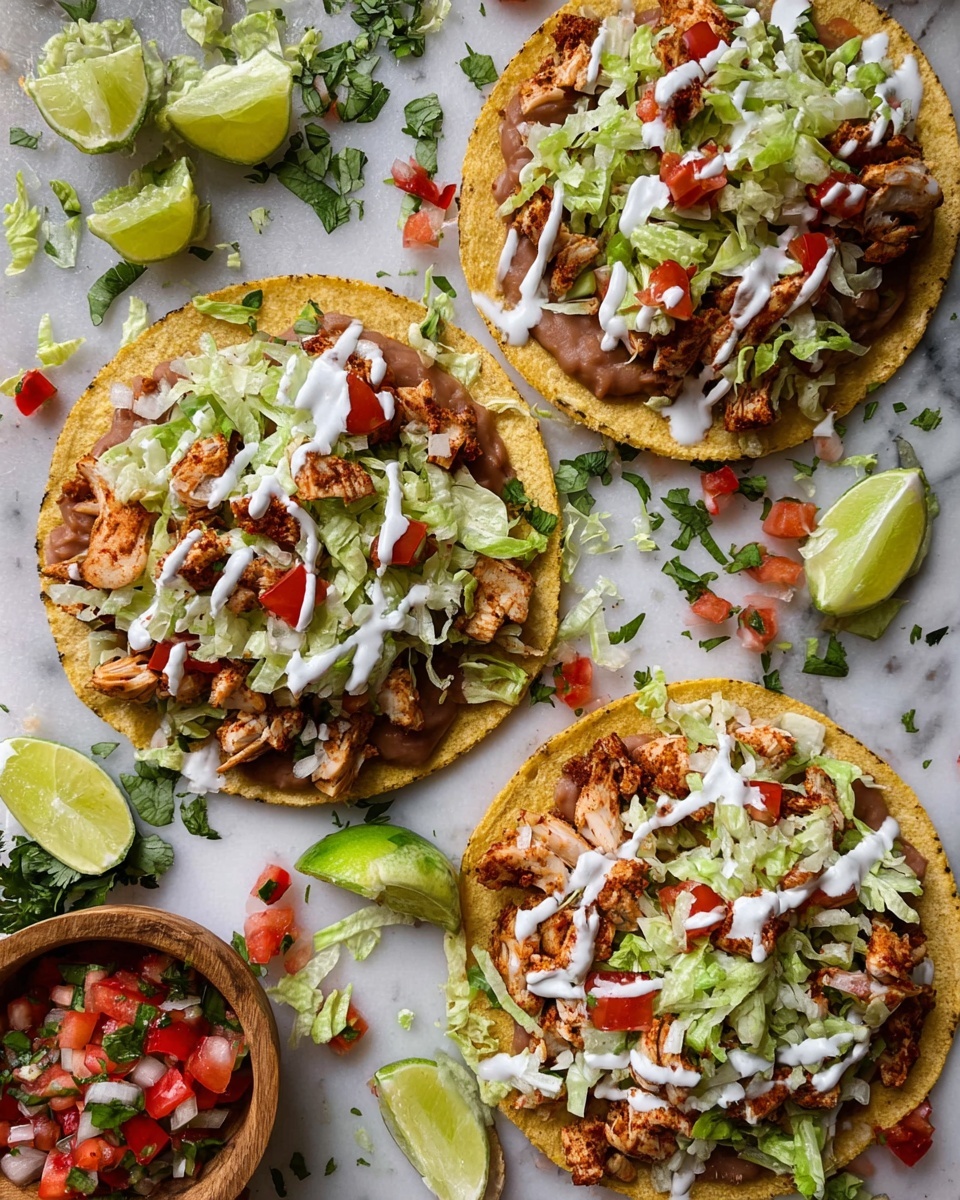 Three tacos are laid out on a white marbled surface, each made with a single yellow corn tortilla as the base. On each tortilla, there is a layer of refried beans topped with a generous amount of seasoned, cooked chicken pieces. Over the chicken, shredded lettuce and diced tomatoes are spread, adding green and red colors to the tacos. A drizzle of white sauce is over the top, contrasting with the fresh vegetables. Around the tacos, lime wedges and extra chopped vegetables are scattered, with a small wooden bowl of fresh salsa filled with diced tomatoes, onions, and herbs placed near the bottom left. The scene has a casual, fresh feel, and the photo is taken with an iphone --ar 4:5 --v 7