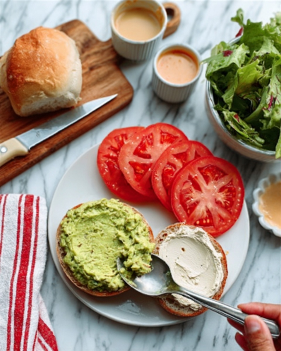 The image shows a white round plate with an open sandwich base topped with a bright green chunky spread, likely guacamole, and a smooth creamy white spread on the other. To the side, there is a wooden board holding five thick, round slices of red tomato, with a knife placed nearby. Behind these, a white bowl filled with fresh green leafy salad and a small white bowl containing a light orange sauce are visible. A woman's hand holds a silver spoon resting on the open sandwich base, which is on a white marbled surface, alongside a red and white striped cloth and a buttered bread roll. Photo taken with an iphone --ar 4:5 --v 7