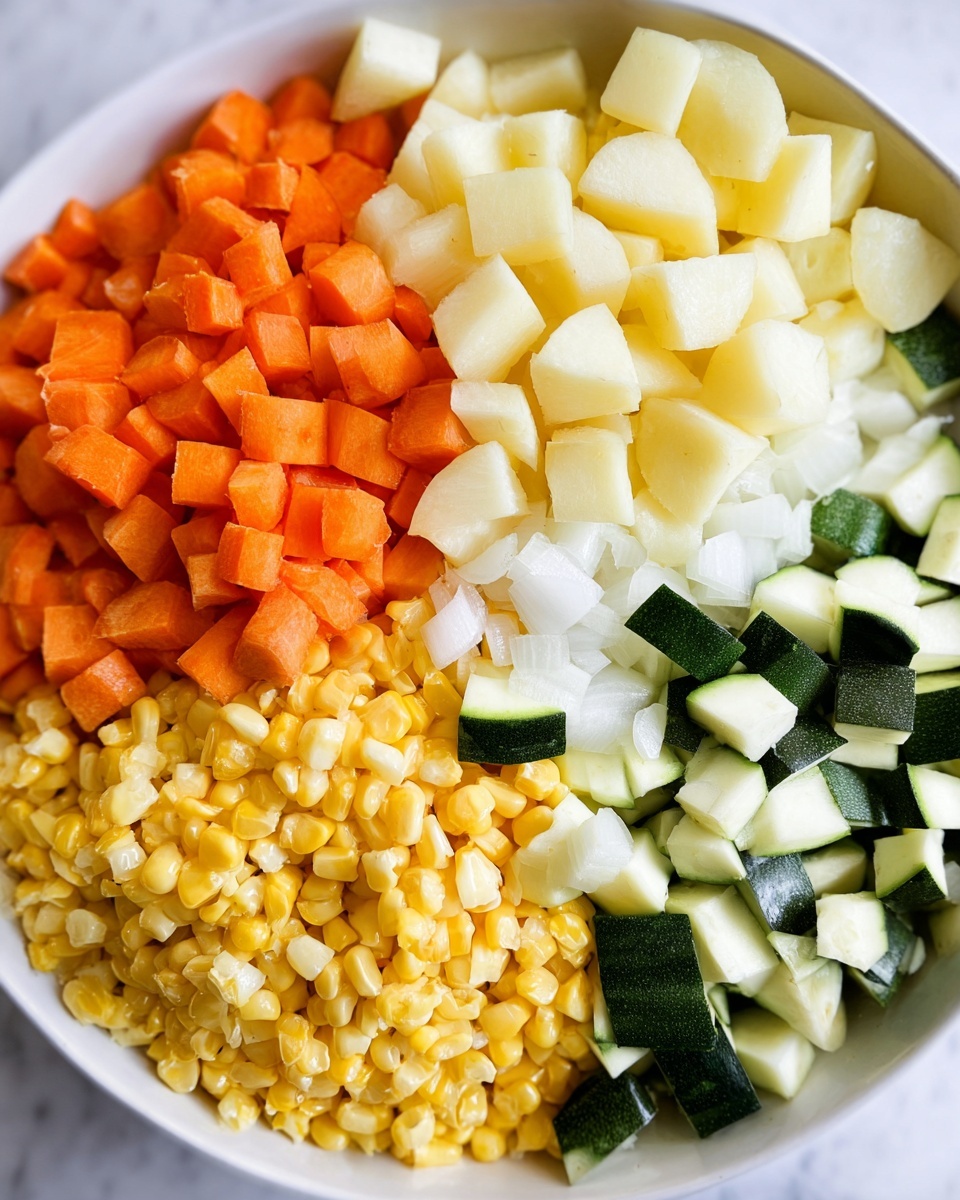 The image shows a close-up of a white bowl filled with five layers of chopped vegetables arranged side by side. Starting from the top left, the first layer is orange diced carrots with a firm texture. Next to it, on the top right, are diced pale yellow potatoes with a soft, smooth look. Below the carrots, there are small white chunks of onion with a slightly translucent appearance. To the right of the onions and below the potatoes, there are green and white cubes of zucchini with a fresh and crisp texture. The bottom part of the bowl is filled with bright yellow corn kernels that look plump and juicy. The bowl sits on a white marbled textured surface. photo taken with an iphone --ar 4:5 --v 7