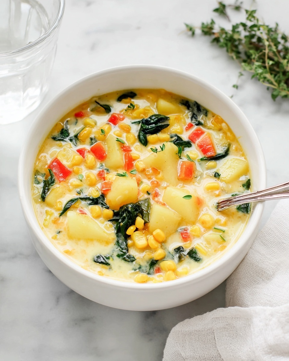 A white bowl filled with creamy soup showing three main layers: the base layer is a pale yellow creamy broth, the middle layer has chunks of pale yellow potatoes and bright yellow corn kernels, and the top layer includes small pieces of red carrots and dark green leafy spinach scattered throughout. A silver spoon is partially inside the bowl on the right side. The bowl is placed on a white marbled surface with a small sprig of green herbs behind it and a glass of water nearby. A white cloth is partially visible in the bottom right corner. photo taken with an iphone --ar 4:5 --v 7