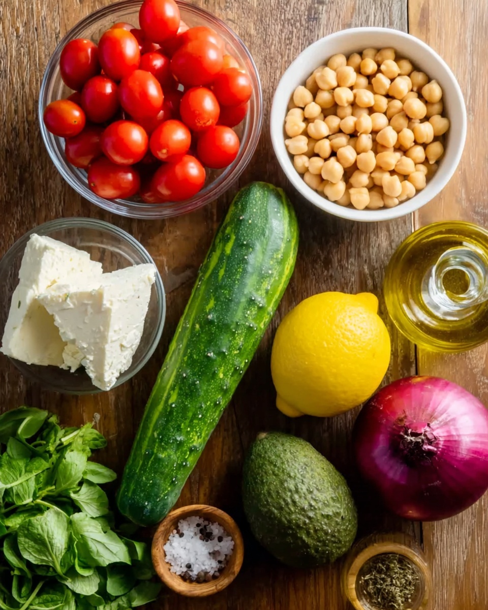 The image shows fresh ingredients arranged on a wooden surface including a clear bowl filled with small red cherry tomatoes, a whole large cucumber with a dark green textured skin placed horizontally, a block of white cheese in a white bowl, a white bowl filled with light beige chickpeas, a whole avocado with dark green bumpy skin, a bright yellow lemon, a small glass bottle with golden olive oil, a deep purple onion, fresh green leafy herbs, and a small wooden bowl with salt and pepper. The layout highlights the variety and freshness of the ingredients, emphasizing different colors and textures on a wooden background. photo taken with an iphone --ar 4:5 --v 7