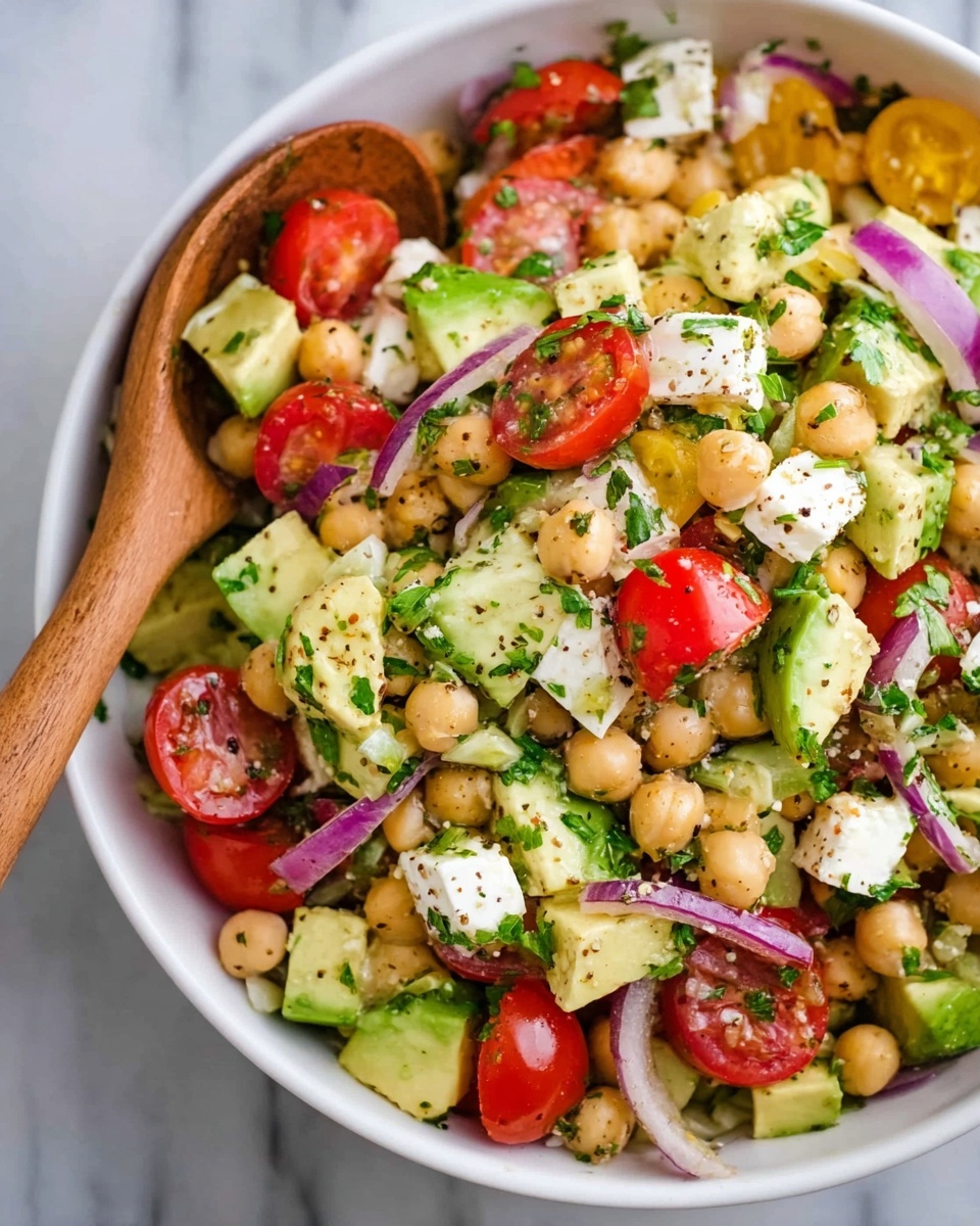 A white bowl filled with a colorful chickpea salad, showing a mix of layers including light beige chickpeas, bright red cherry tomato halves, pale yellow avocado pieces, white cubes of cheese, and thin purple slices of red onion. Green parsley leaves are scattered on top, adding freshness, while the ingredients are mixed with visible black pepper specks and herbs. To the right side of the bowl rests a wooden spoon partially submerged in the salad. The bowl sits on a white marbled surface, and the photo is taken with an iphone --ar 4:5 --v 7