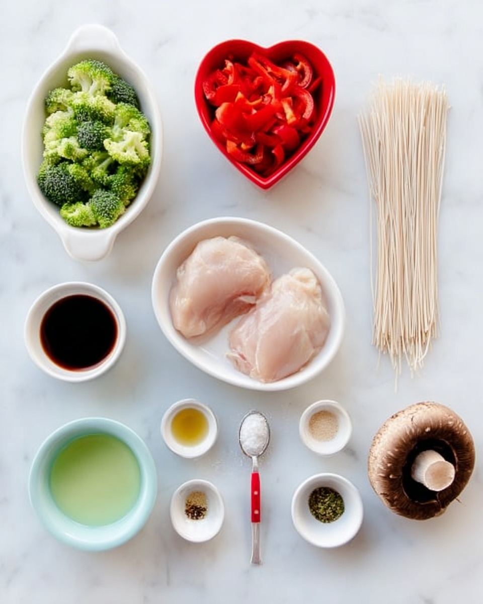 The image shows a white marbled surface with various ingredients neatly arranged. On the left, a white oval bowl holds chopped green broccoli at the top and sliced red bell peppers at the bottom. Next to it, a white oval dish contains two raw light pink chicken pieces. Above, a small red heart-shaped container holds a thick red sauce. To the right, a small bunch of uncooked thin beige noodles is placed vertically. Below the noodles, a small light blue cup holds light green liquid. In the bottom row, starting from left, there is a small white bowl with pale yellow liquid, a small white bowl with dark brown sauce, and a very small white bowl with greenish seasoning. Near the middle, a metal spoon with a red handle holds white powder, and beside it is a small piece of light brown ginger. A large empty mushroom cap with a dark brown interior lies on the right side. All items are placed on a clean white marbled surface. Photo taken with an iphone --ar 4:5 --v 7