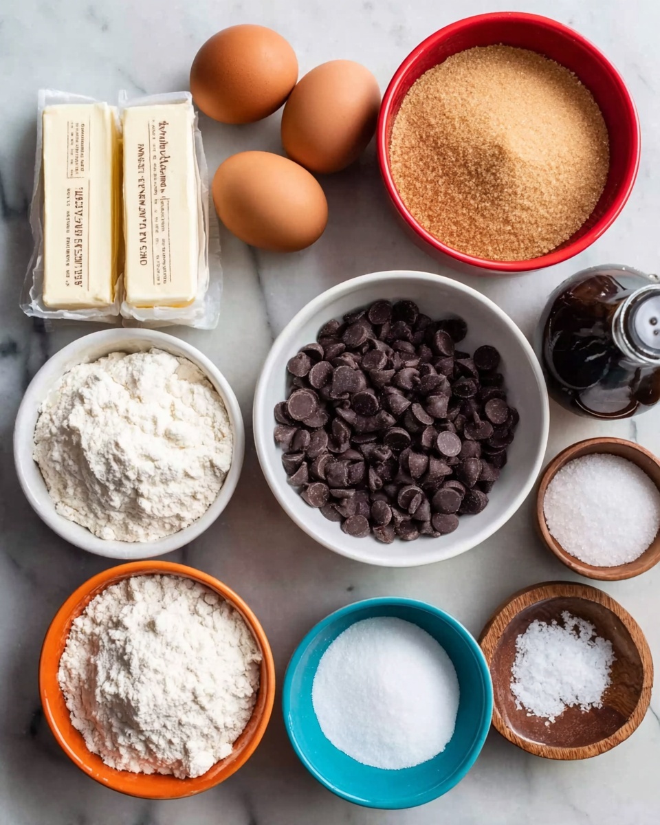 The image shows several ingredients arranged on a white marbled surface. There are two brown eggs at the top left beside two sticks of butter in white wrappers. A red bowl filled with light brown sugar sits near the top right, while a white bowl full of dark chocolate chips is at the bottom left. An orange bowl with white granulated sugar is placed above the chocolate chips. To the right of the orange bowl, there is a white bowl filled with flour, and just below it, a small blue bowl containing a white powder, likely baking soda or baking powder. A small wooden bowl with coarse salt is at the bottom right. A dark bottle labeled vanilla extract is placed near the eggs on the left. Photo taken with an iphone --ar 4:5 --v 7