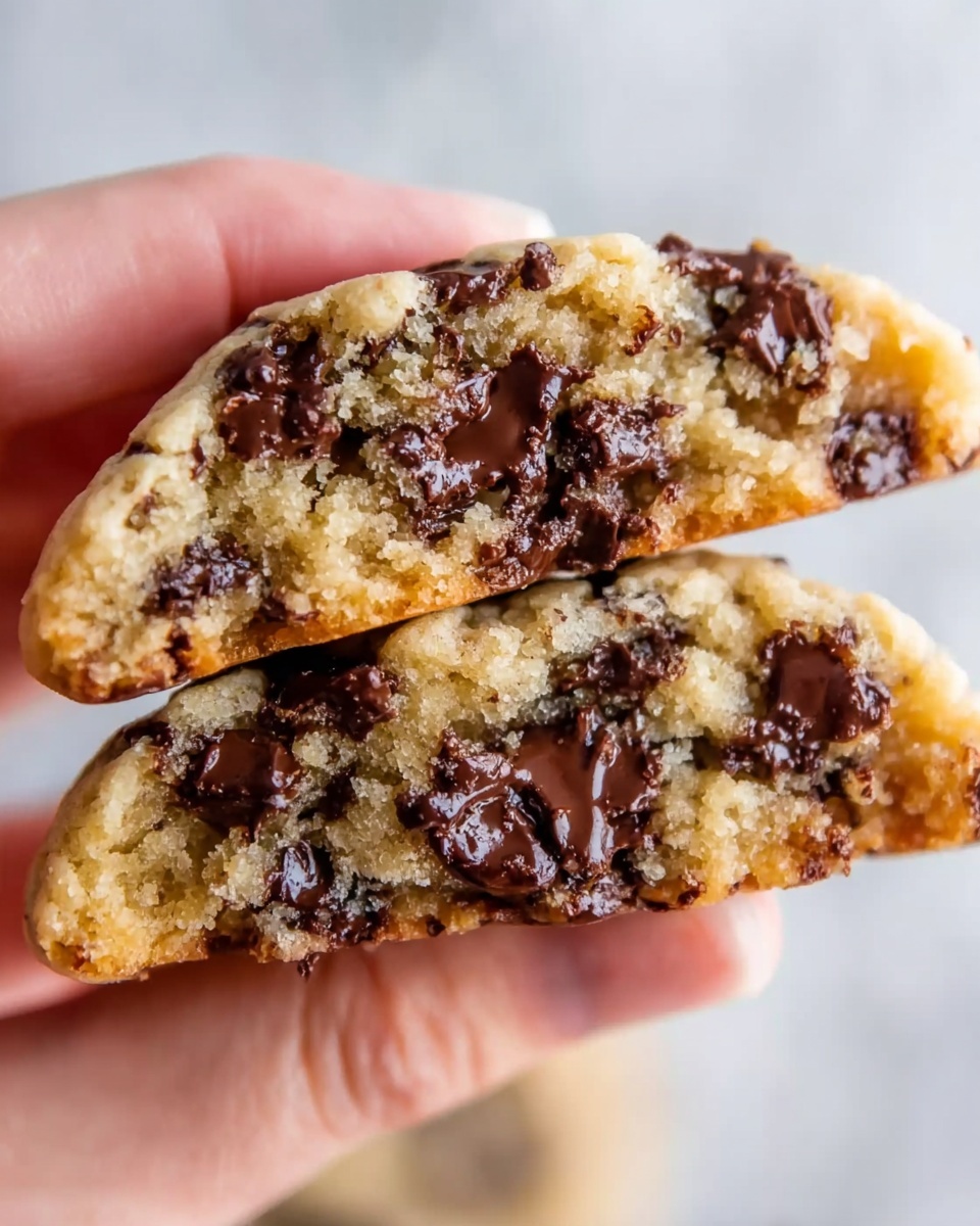 A close-up image shows a chocolate chip cookie broken in half held between the fingers of a woman's hand. The cookie has one visible layer with a soft and crumbly texture, light brown in color, filled with many melted dark brown chocolate chips throughout. The inside looks moist and tender, showing a contrast between the cookie dough and the shiny chocolate chips. The background is a white marbled texture. photo taken with an iphone --ar 4:5 --v 7