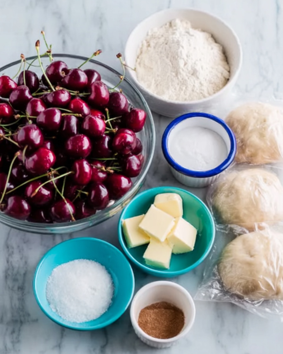 The image shows a white marbled surface with a clear glass bowl full of fresh, dark red cherries with green stems on the left side. To the right, there are several small white bowls holding baking ingredients: one blue-rimmed bowl contains white sugar, a small white bowl holds several small pieces of pale butter, and another turquoise bowl has white flour. A small turquoise bowl with a brown powder, likely cinnamon, is also present. Next to these bowls are two lumped dough pieces wrapped in plastic wrap. The setup looks ready for making a cherry dessert. Photo taken with an iphone --ar 4:5 --v 7
