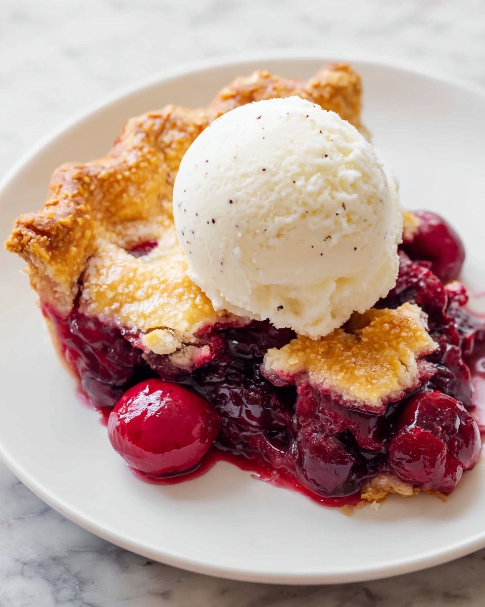 A slice of cherry pie is on a white plate set on a white marbled surface, showing two layers: a thick, golden-brown crust with a slightly shiny, sugar-coated texture on top, and a deep red, juicy cherry filling underneath with whole cherries visible. On top of the pie slice, there is one large, smooth scoop of white vanilla ice cream with tiny black specks. Photo taken with an iphone --ar 4:5 --v 7