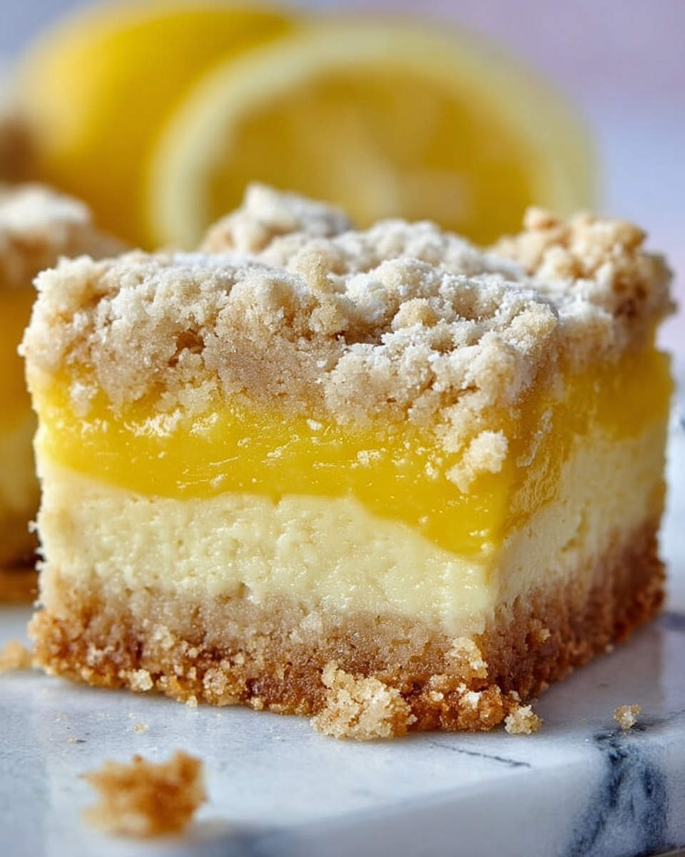 The image shows a slice of crumb cake with three clear layers. The bottom layer is thick and light beige, looking soft and spongy. Above that is a thin creamy yellow layer that looks smooth and soft. The top layer is crumbly and golden brown, with rough, uneven pieces sprinkled all over. The slice sits on a white plate that rests on a white marbled surface. A woman's hand gently holds the edge of the white plate from underneath, with a dark background behind it. photo taken with an iphone --ar 4:5 --v 7