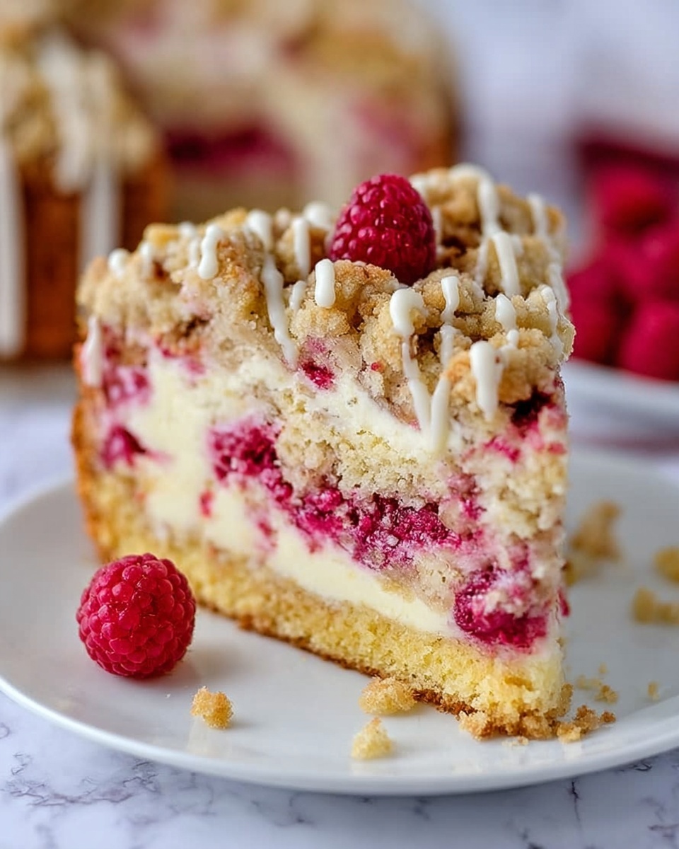 A close-up of a thick slice of raspberry crumb cake on a white plate, placed on a white marbled surface. The cake has three visible layers: a bottom golden crust that looks firm and crumbly, a middle creamy white layer swirled with bright red raspberry bits, and a top layer made of chunky golden crumbs with a drizzle of white icing. Some crumbs and a fresh raspberry sit on the plate near the slice. In the blurred background, another whole cake and some raspberries are visible. Photo taken with an iphone --ar 4:5 --v 7