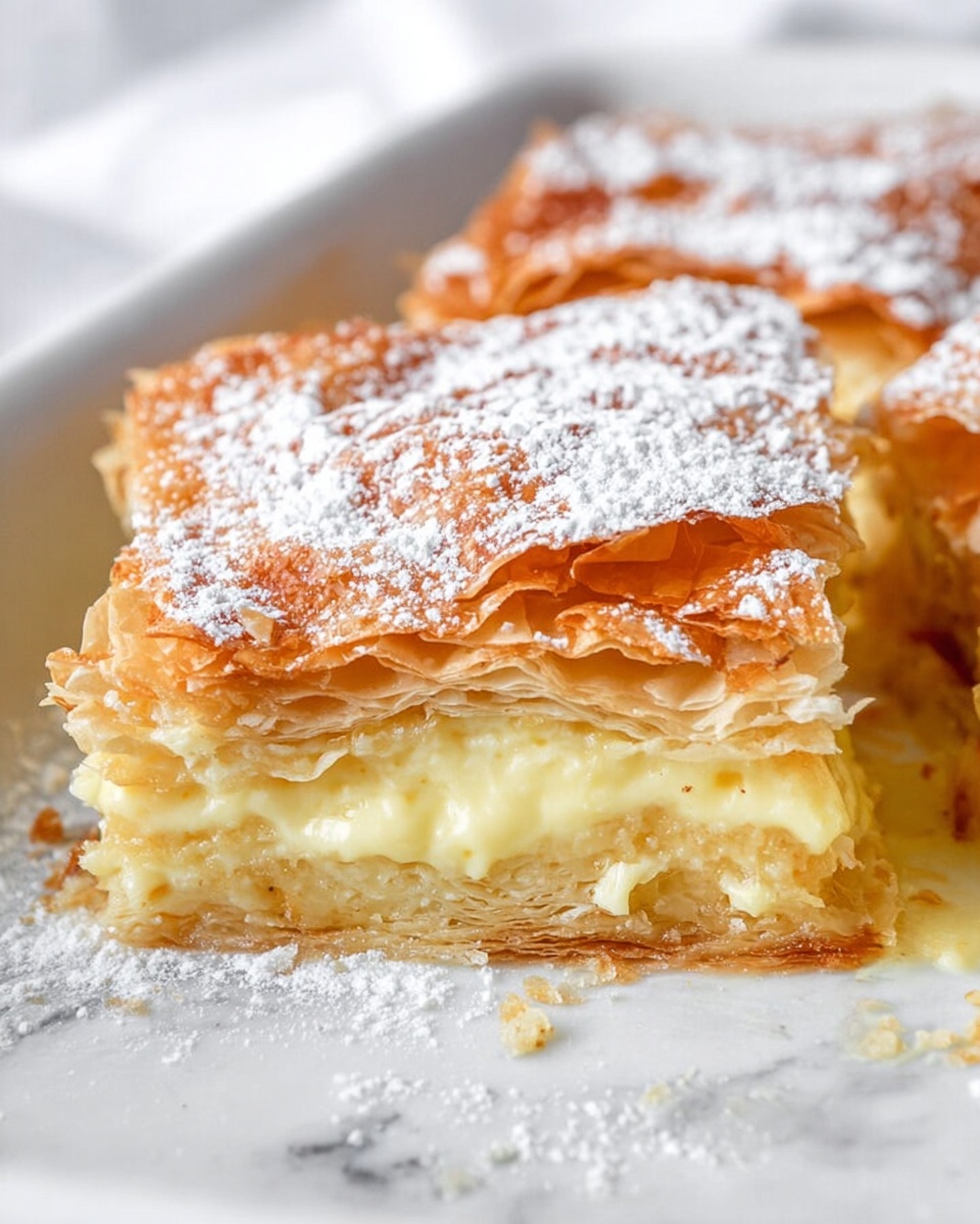 A close-up of a slice of layered dessert in a white baking dish on a white marbled surface, showing three main layers: the top layer is golden-brown, crispy, thin pastry sheets dusted with white powdered sugar, slightly wrinkled and flaky; the middle layer is light yellow, smooth, creamy custard that looks soft; the bottom layer is similar to the top, made of thin, crispy, golden pastry sheets. The edges are slightly crumbly with sugar sprinkled around. Photo taken with an iphone --ar 4:5 --v 7