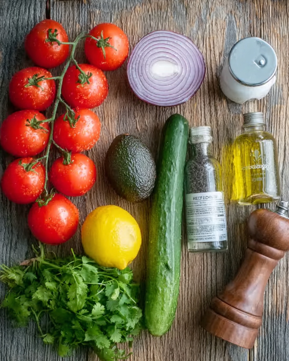 The image shows a wooden surface with fresh ingredients arranged neatly on it. There is a bunch of bright red tomatoes still on the vine on the left, a halved purple onion with layers visible beside a long, green cucumber. Two whole dark green avocados are placed near a bunch of green leafy cilantro. A bright yellow lemon sits next to a small bottle of olive oil. On the right side, there are two containers: one white plastic salt shaker with a gray top, and one wooden pepper grinder. The white marbled texture is not visible as the surface is wooden. photo taken with an iphone --ar 4:5 --v 7