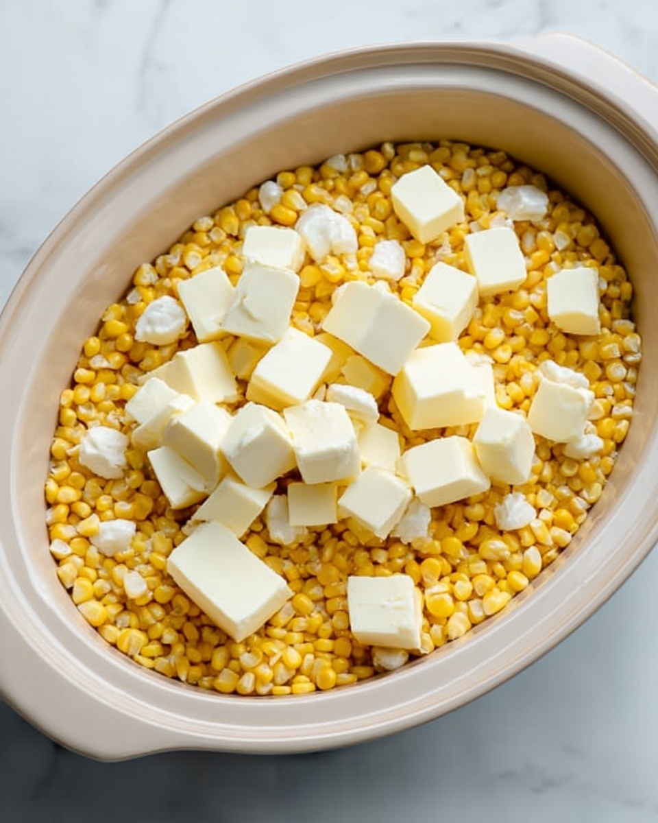 A white oval dish filled with a single thick layer of bright yellow corn kernels evenly spread across the bottom. On top of the corn, there are several large, unevenly placed cubes of white and light yellow butter scattered in a random pattern. The dish is resting on a white marbled surface, and the image is bright with natural light highlighting the texture of the corn and butter. photo taken with an iphone --ar 4:5 --v 7