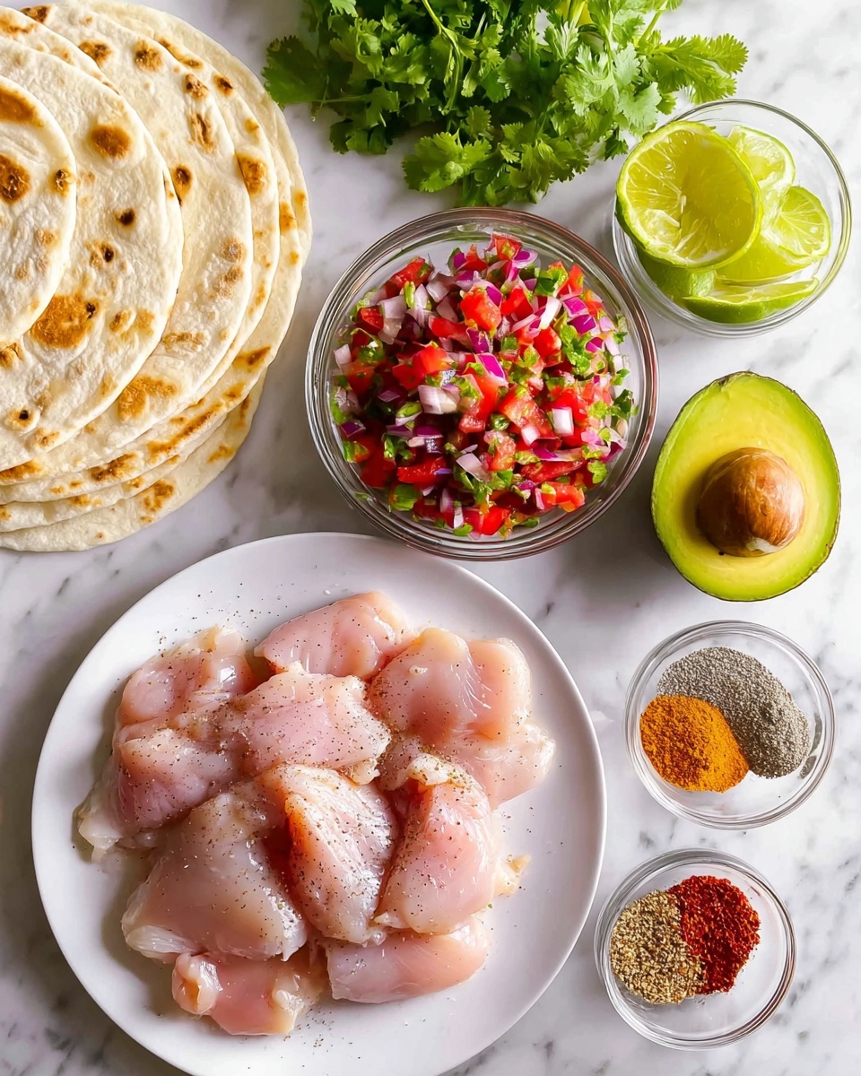 The image shows a white plate on the bottom right filled with several pieces of raw chicken, lightly sprinkled with black pepper and salt. To the left of the plate, there is a small bunch of fresh green cilantro partially visible. Above the cilantro, a clear glass bowl is filled with a colorful mix of diced tomatoes, red onions, green peppers, and herbs, showing a fresh salsa. Above that, another small clear bowl contains bright green lime wedges. To the right of the lime wedges is a halved avocado, one piece showing the brown pit while the other is a clean hollow green center. Next to the avocado to the right, there is a small clear bowl with various ground spices in red, brown, and light tan colors. At the top left corner, there is a stack of roughly seven white flatbreads with golden spots, laid out on a white marbled surface visible throughout the image. The arrangement is bright and fresh, emphasizing the natural colors and textures of each ingredient photo taken with an iphone --ar 4:5 --v 7