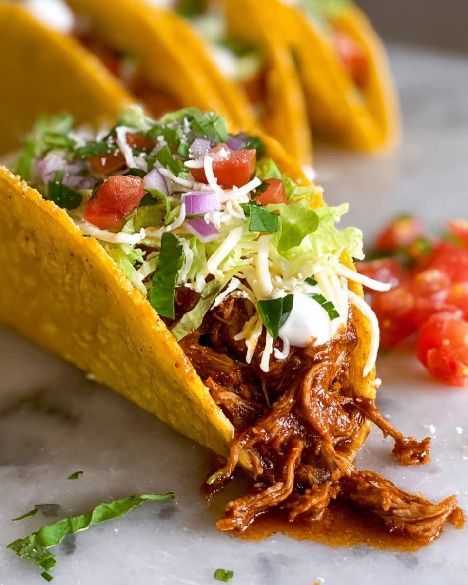 The image shows a hard yellow taco shell filled with layers of shredded cooked meat in a rich brown sauce spilling out at the front. On top of the meat are scattered chopped red onions and green herbs. Above that is a layer of grated white cheese, followed by shredded green lettuce, and a bit of white sour cream on top. In the background, there are whole yellow taco shells standing upright on a white marbled surface. Some small pieces of chopped tomato and green herbs are scattered around the taco, and the sauce has dripped slightly onto the surface near the front. photo taken with an iphone --ar 4:5 --v 7