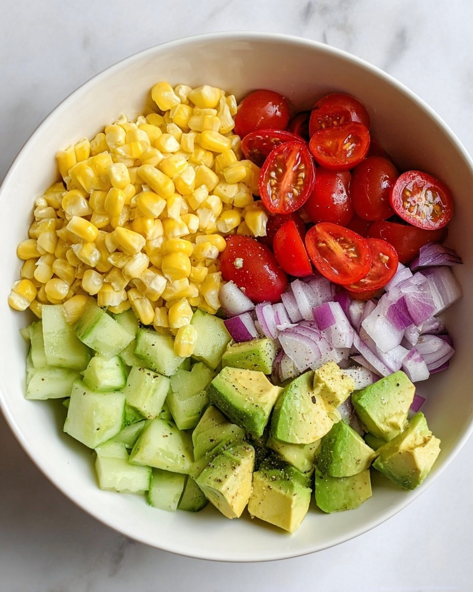 A white bowl filled with five different vegetable layers placed next to each other in sections. Starting from the top left, there are chunks of yellow corn, slightly shiny with some light seasoning. To the right, there are halved bright red cherry tomatoes with visible seeds. Below the corn, there is a pile of small purple and white chopped onions. To the bottom left, there are medium-sized pieces of chopped green cucumber with a fresh look. Finally, at the bottom right, light green avocado cubes with a slight shine and black pepper on top. The bowl sits on a white marbled surface. photo taken with an iphone --ar 4:5 --v 7