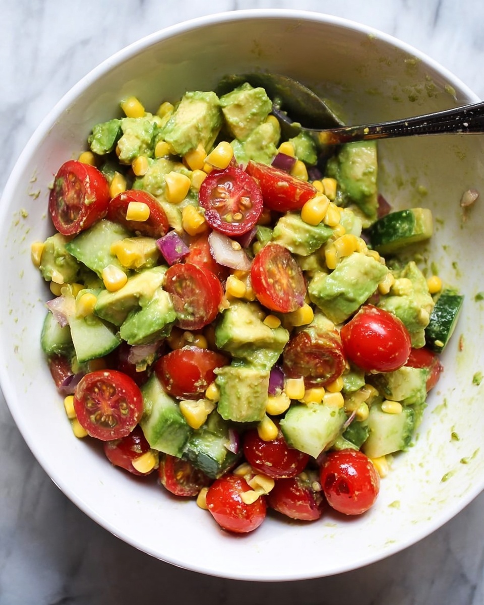 A white bowl filled with a colorful salad showing three main layers: bright green chunks of avocado and cucumber, whole and halved shiny red cherry tomatoes scattered throughout, and small yellow corn kernels mixed in with tiny bits of purple onion; a spoon with a black handle rests inside the bowl, partially covered by the salad. The background shows a white marbled surface. Photo taken with an iphone --ar 4:5 --v 7