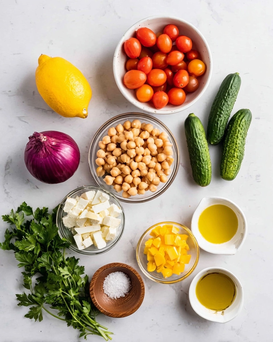 The image shows several fresh ingredients arranged neatly on a white marbled surface. There is a whole purple onion and a bright yellow lemon placed near the top left. To the right, there is a white bowl filled with small red grape tomatoes. In the center, a clear glass bowl contains round, light beige chickpeas. Adjacent to it are three whole dark green cucumbers. Below, a small clear bowl holds chopped yellow bell pepper pieces, and another small clear bowl has white chunks of cheese. A small wooden bowl with some salt and two small white bowls with golden yellow liquids are arranged nearby. There is a bunch of fresh green parsley leaves at the bottom left. The lighting is bright, making the colors fresh and vivid. Photo taken with an iphone --ar 4:5 --v 7