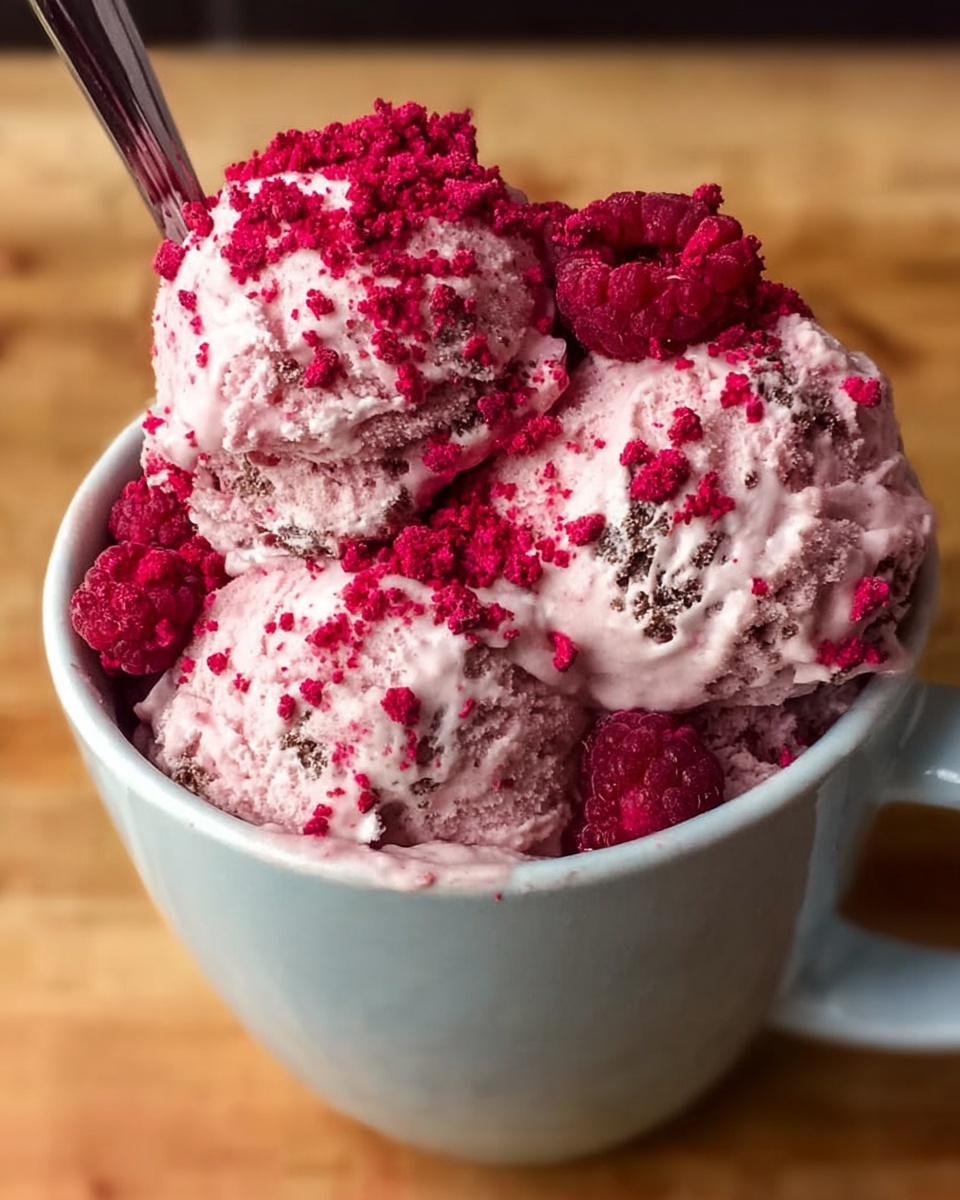 A close-up of a white ceramic cup filled with three scoops of light pink ice cream mixed with small chocolate bits, topped generously with bright red freeze-dried raspberries scattered all over. The cup is placed on a wooden surface, and a spoon is tucked into the ice cream on the left side. The ice cream looks creamy and textured with the crunchy raspberries adding a rough surface contrast. Photo taken with an iphone --ar 4:5 --v 7