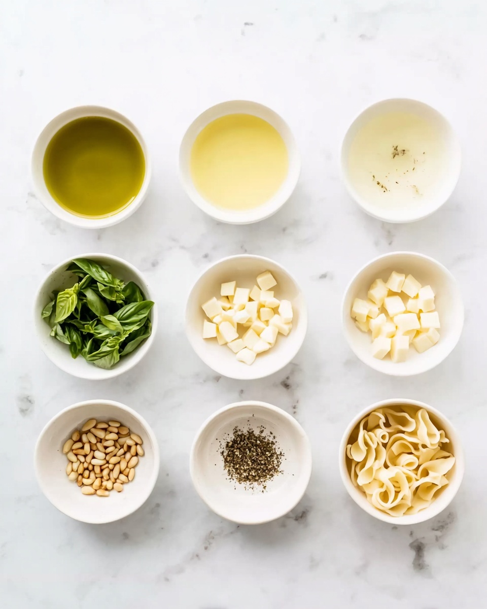 The image shows eight small white bowls and dishes placed on a white marbled surface. The top row has four containers: green oil in the first bowl, a light yellow liquid in the second, a clear liquid in the third, and small white cheese chunks filling the fourth bowl with some cheese pieces scattered to the right. The bottom row has another four bowls: chopped green basil leaves in the first, light brown pine nuts in the second, ground black pepper in the third, and a white dish with twisted small cheese curls to the right. The arrangement is neat and evenly spaced photo taken with an iphone --ar 4:5 --v 7