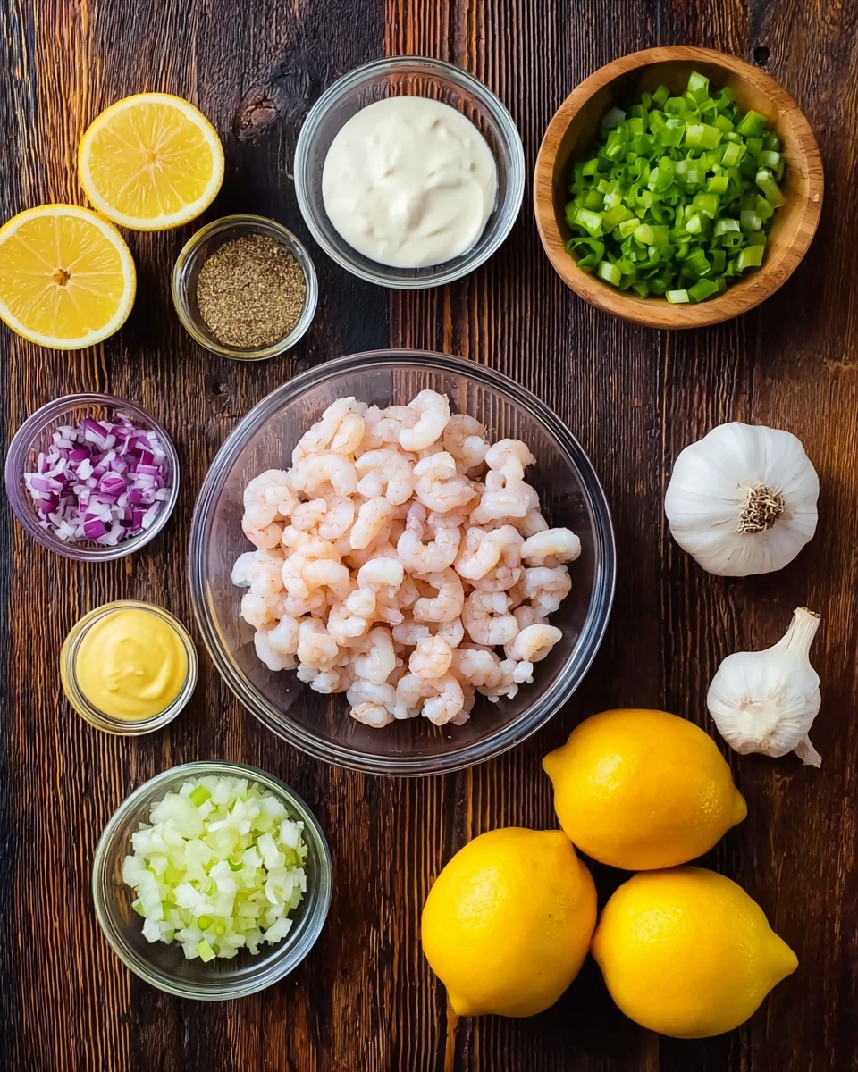 A close-up view of a bowl holding a layered shrimp salad. The top layer is a generous amount of small, light pink shrimp scattered evenly, mixed with tiny green dill pieces and small bits of purple onion. Below the shrimp, there are pale green diced cucumbers and light green diced celery, adding a fresh and crunchy texture. A gold and white fork is placed vertically in the bowl, scooping some shrimp and cucumber pieces. The bowl is white, and the background shows a white marbled surface with a blurred second bowl and a lemon wedge partially visible to the side. The photo taken with an iphone --ar 4:5 --v 7