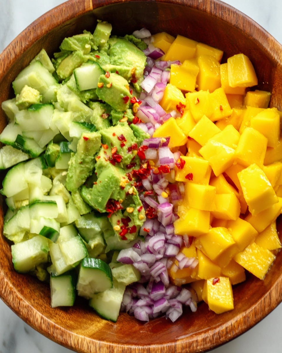 A wooden bowl holds a colorful mix of chopped ingredients arranged in separate sections. At the top right, bright yellow mango cubes fill the space, showing a juicy and smooth texture. To the left, medium green cucumber pieces with a fresh and crisp look create a cool contrast. Below the mango, a layer of avocado chunks appears soft and creamy, sprinkled with small red chili flakes for a pop of color and texture. At the bottom of the bowl, there are finely chopped purple onions adding a sharp and vibrant tone to the mix. The bowl sits on a white marbled surface. photo taken with an iphone --ar 4:5 --v 7