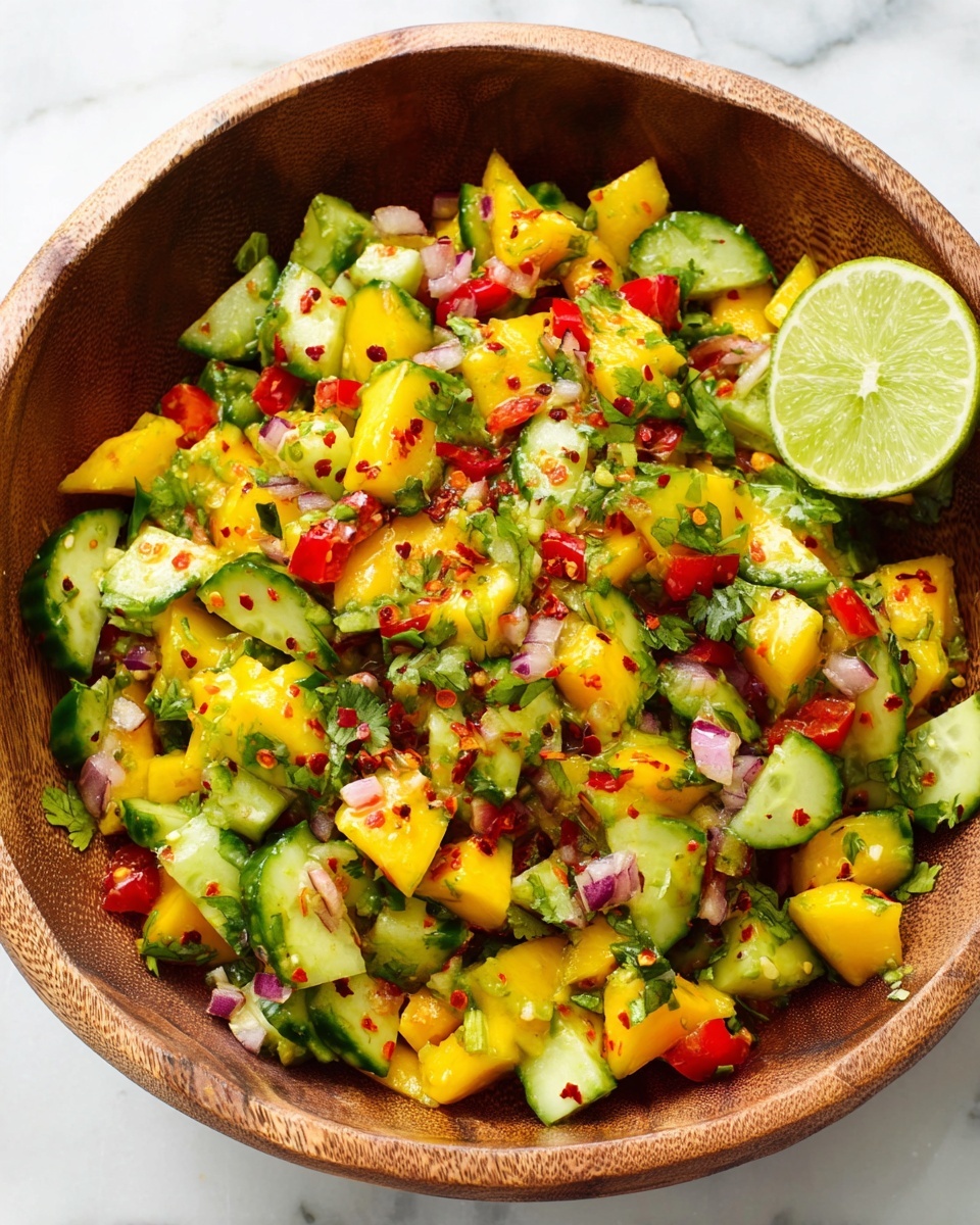 A wooden bowl filled with a colorful salad made of bright yellow mango chunks, green cucumber pieces, red bell pepper cubes, and chopped green herbs. Small bits of red onion and red chili flakes are scattered throughout the mix. There are two lime wedges placed on one side inside the bowl. The bowl sits on a white marbled surface with a wooden fork handle visible on the right side. photo taken with an iphone --ar 4:5 --v 7