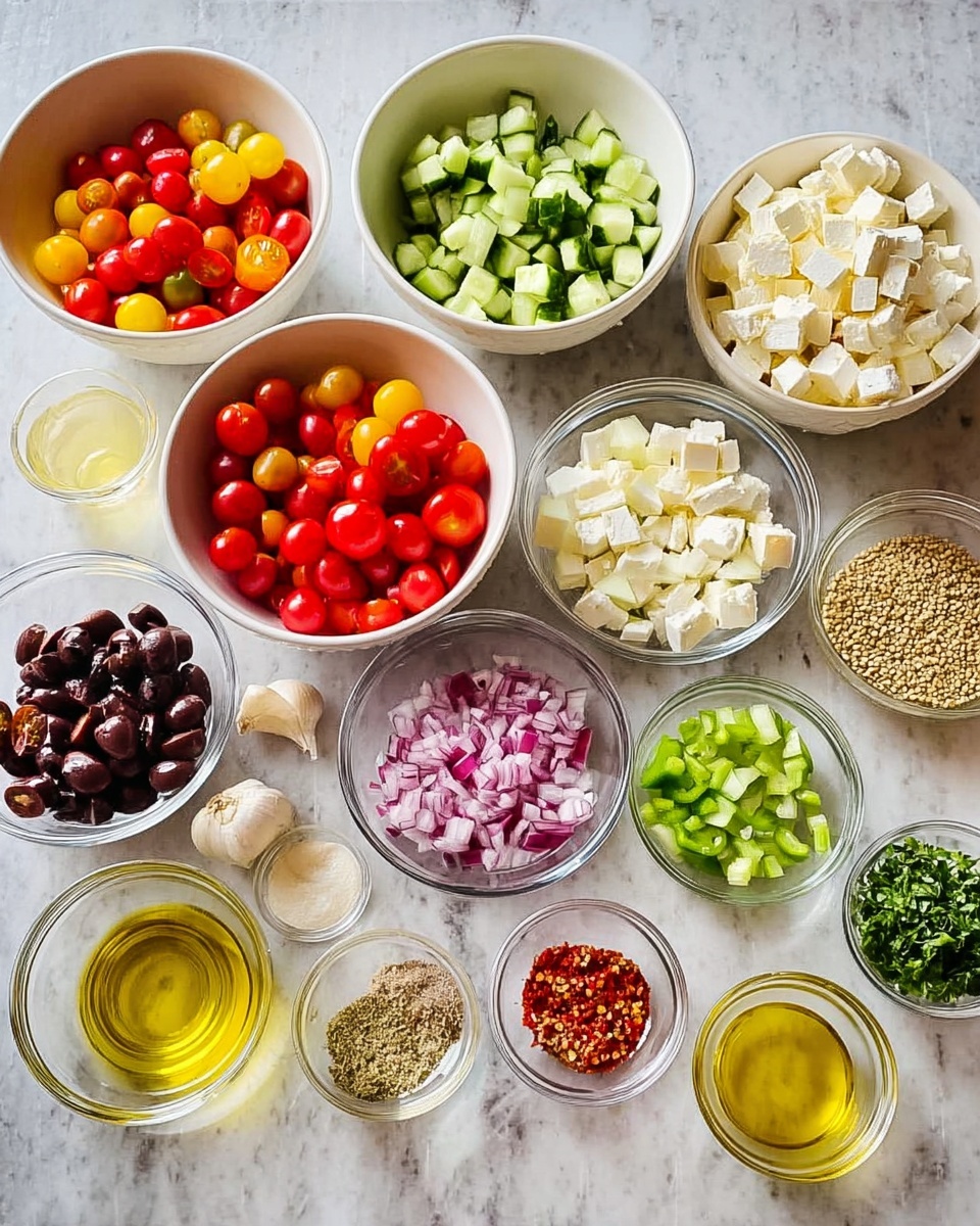 The image shows many small bowls and glass cups arranged on a white marbled surface, each holding different salad ingredients. There is a large white bowl filled with cut white cheese cubes on the left, and a large white bowl with uncooked pasta or grains on the right. Another white bowl contains sliced cherry tomatoes in red and yellow colors, and another has chopped green cucumber. Smaller glass bowls hold chopped red onions, black sliced olives, bright yellow pepper rings, chopped red bell pepper, and various spices and herbs such as green parsley, dill, and some red chili flakes. A clear glass measuring cup filled with golden olive oil and a small cup of light brown liquid are also present. The woman’s hand is not shown but implied by the arrangement for easy mixing or adding ingredients photo taken with an iphone --ar 4:5 --v 7