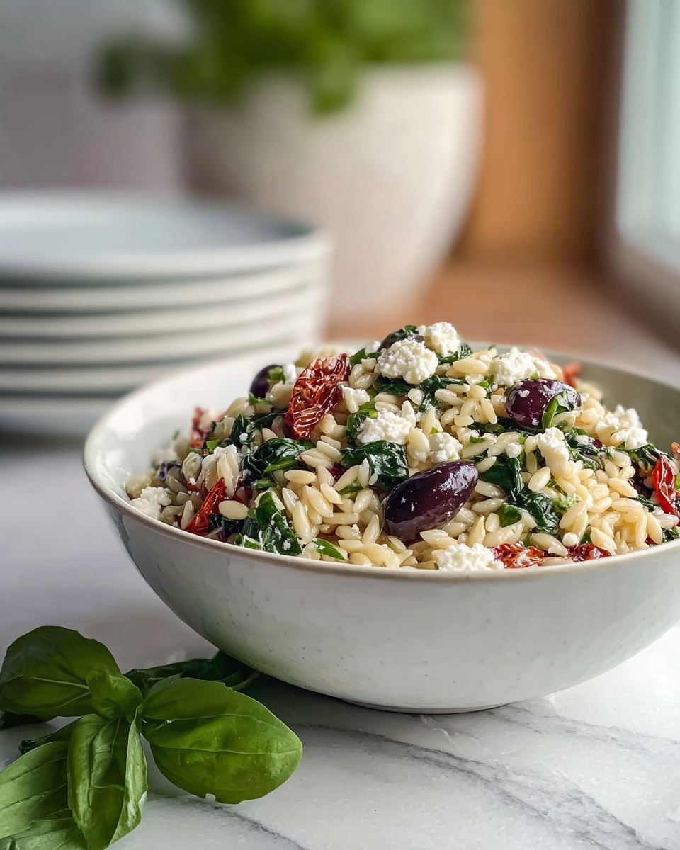 The image shows a bowl filled with a colorful rice salad. The bottom layer consists of pale yellow rice grains mixed with dark green leafy vegetables. Scattered on top are small white chunks of cheese, deep purple olives, and bright red sun-dried tomato pieces. The dish is served in a simple white bowl placed on a white marbled surface, with a fresh green basil leaf next to it. The background is softly blurred with a stack of white bowls visible. Photo taken with an iphone --ar 4:5 --v 7