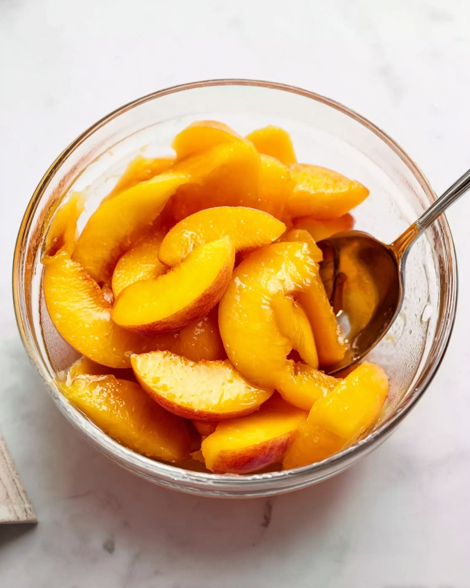 A clear glass bowl filled with many sliced peaches that are orange and yellow in color, showing a soft and juicy texture. A silver spoon is inside the bowl, its handle resting on the edge. The bowl is placed on a white marbled surface with a small part of a white bowl with red strawberries visible in the upper right corner. photo taken with an iphone --ar 4:5 --v 7