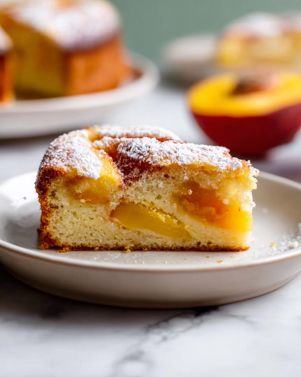 A slice of fruit cake with two visible layers sits on a white plate. The bottom layer is light brown cake with a soft, slightly crumbly texture. The middle layer contains bright yellow pieces of fruit embedded inside the moist cake. The top layer is a golden-brown crust dusted lightly with powdered sugar, with visible fruit pieces peeking through. The background is a white marbled surface, and another blurred slice is seen in the background. photo taken with an iphone --ar 4:5 --v 7