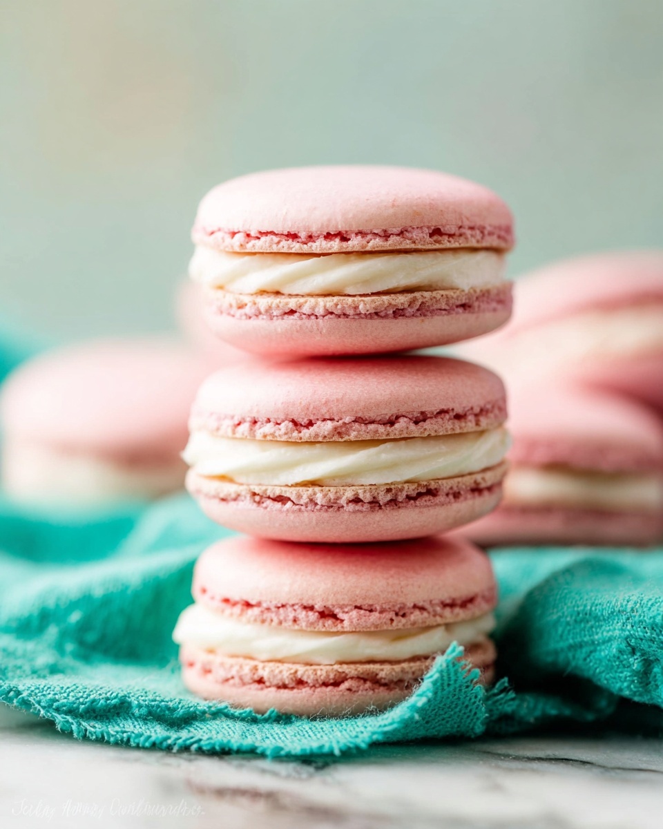 A close-up view of a stack of three pink macarons resting on a teal cloth with a white marbled surface underneath. Each macaron has two smooth, round, light pink shells with a slightly rough edge texture, sandwiching a thick layer of creamy white filling in the middle. The background is softly blurred with a light beige color, focusing attention on the macarons. Photo taken with an iphone --ar 4:5 --v 7