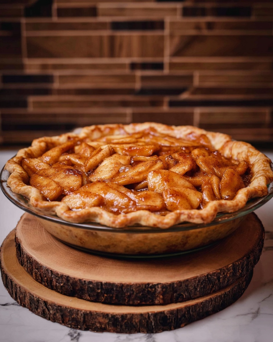 The image shows a round glass pie dish filled with a homemade apple pie that has two layers: a golden-brown thick crust on the bottom and edges, and a top layer of baked apple slices covered with a shiny glaze and cinnamon, giving a warm brown and orange color with slight dark spots from baking. The pie dish is placed on two round wooden slabs stacked on top of each other, with a white marbled surface below and a patterned wooden wall in the background. The photo taken with an iphone --ar 4:5 --v 7
