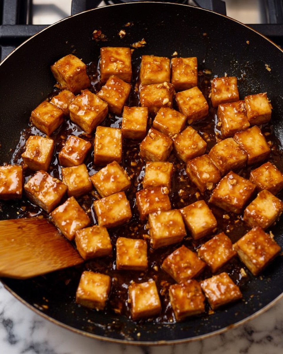 The image shows a close-up of a black frying pan filled with about four layers of small, golden brown tofu cubes. The tofu cubes are evenly coated in a shiny, thick brown sauce with visible small bits of garlic or spices. A wooden spatula is partially visible at the bottom left corner, touching the tofu. The frying pan is placed on a stove with a white marbled surface in the background. The tofu pieces look soft but firm and are spread closely together in the pan. photo taken with an iphone --ar 4:5 --v 7