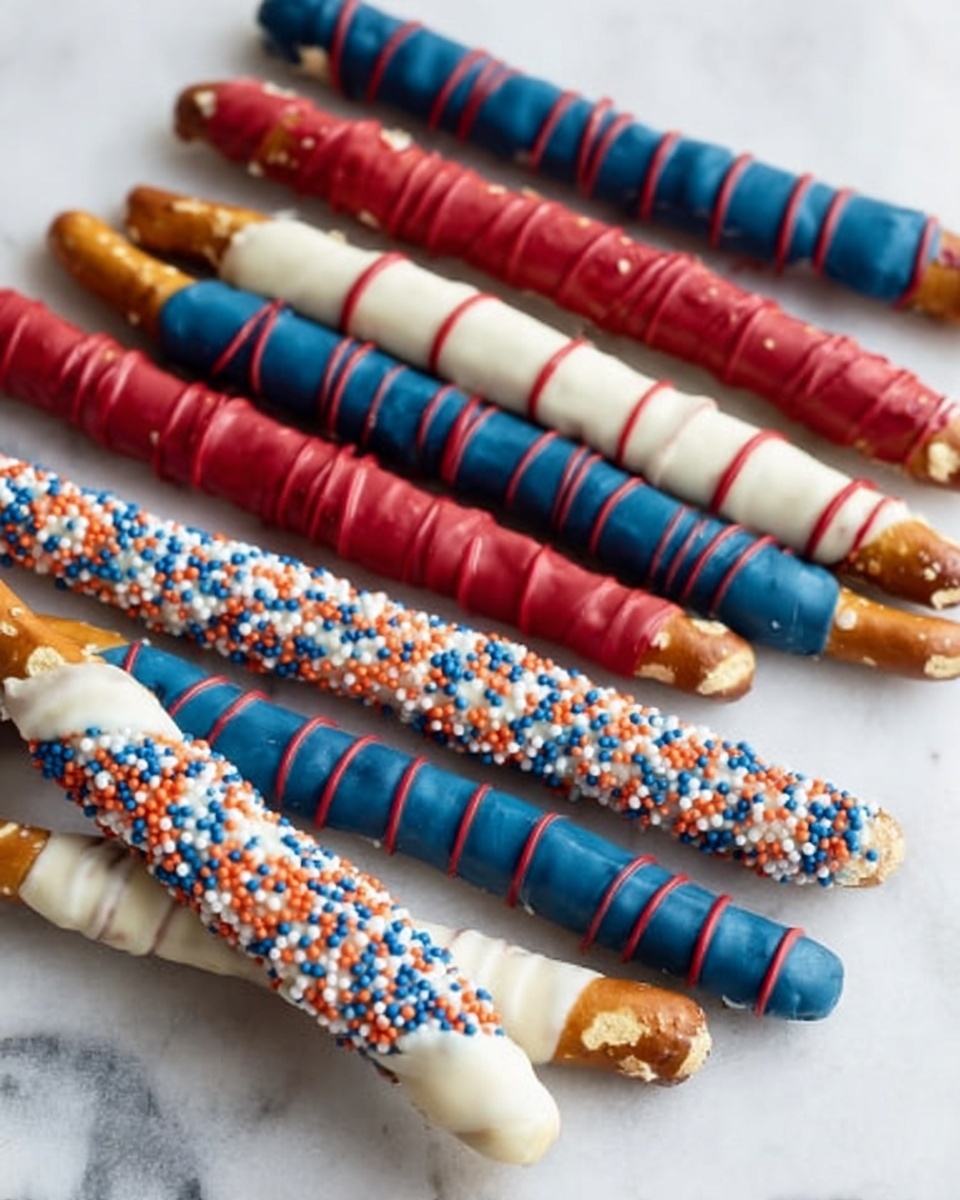 The image shows several pretzel sticks dipped in colorful chocolate coatings and decorated with lines or sprinkles. Three pretzels are covered in smooth blue chocolate with thin red stripes wrapped around them. Next to these, three pretzels have sections of red, white, and blue chocolate stacked in layers along the length of the stick. At the bottom left, three pretzels are coated in white chocolate covered with small red, blue, and orange round sprinkles. All pretzels rest on a white marbled surface. photo taken with an iphone --ar 4:5 --v 7