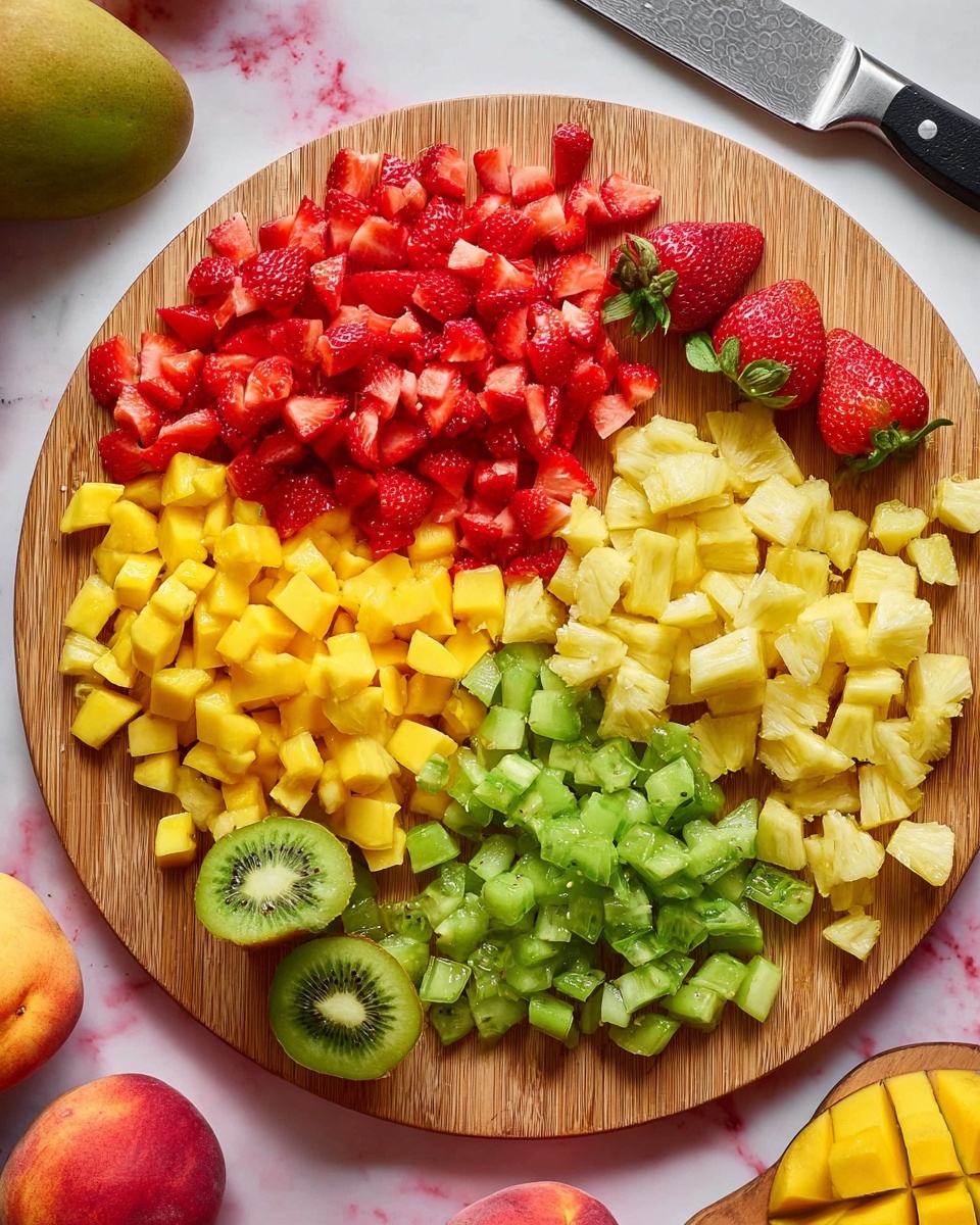 A round wooden board holds four groups of small diced fruits, arranged closely together. The top left layer is bright red diced strawberries with two whole strawberries near the top right edge of this group. To the right, there is a layer of small diced yellow mango pieces. Below the strawberries, a larger pile of diced yellow pineapple pieces fills the space, and to the right of this is a group of diced green kiwi with visible tiny black seeds. On the bottom edge of the round board, two kiwi halves with dark green skin and bright green insides are placed near the diced kiwi. The background is a white marbled surface with some whole peaches and two halved mangoes visible around the board. A large knife with a metal blade rests near the diced strawberries. Photo taken with an iphone --ar 4:5 --v 7