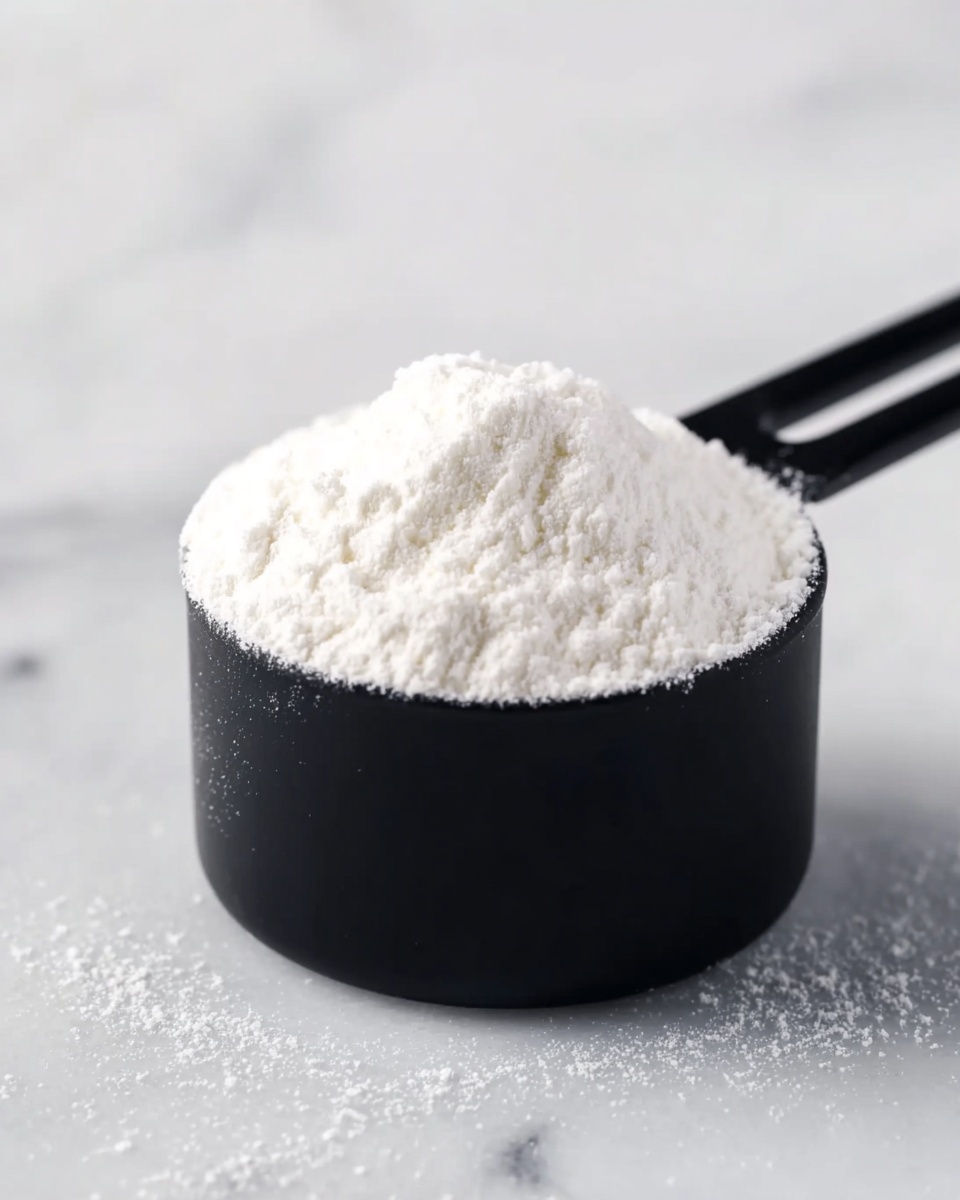 The image shows a black measuring cup filled with a white powdery substance, slightly heaped above the rim. The texture of the powder looks soft and fine, with a few grains scattered on the white marbled surface below. The background is blurred with a white marbled texture, creating a clean and simple look. The measuring cup is placed central in the image and held steady with black chopsticks or handles extending out of frame. photo taken with an iphone --ar 4:5 --v 7