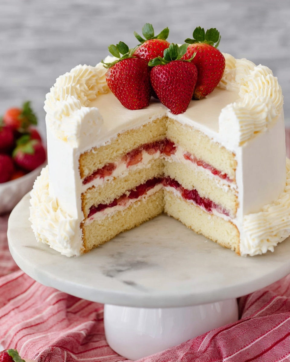 This image shows a three-layer white cake with each layer separated by a thin layer of white cream and bright red strawberry filling. The outside of the cake is smooth white cream with dollops of cream piped thickly around the top edge. On top of the cake, there are four fresh red strawberries with green leaves, grouped in the center. The cake sits on a white cake stand with a white marbled background, and a pink cloth with red stripes is under the stand. The photo was taken with an iphone --ar 4:5 --v 7