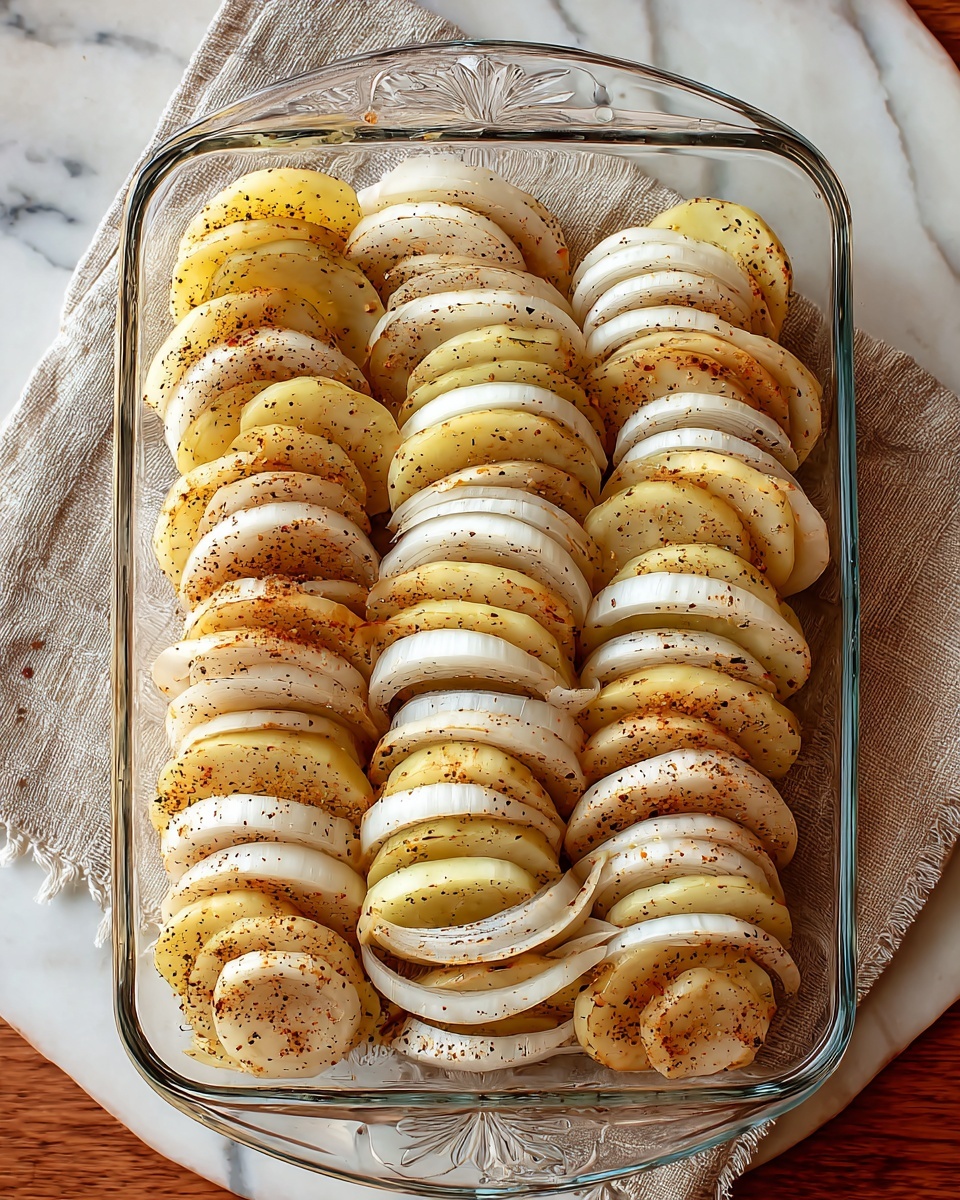 A clear glass baking dish holds neatly arranged slices of two different vegetables laid side by side, alternating with thin white onion rings in between each slice. The sliced vegetables have a pale yellow to light brown color with seasoning specks, layered vertically in a repeated pattern filling the dish. The dish is placed on a white marbled surface with a beige cloth napkin underneath it. Photo taken with an iphone --ar 4:5 --v 7