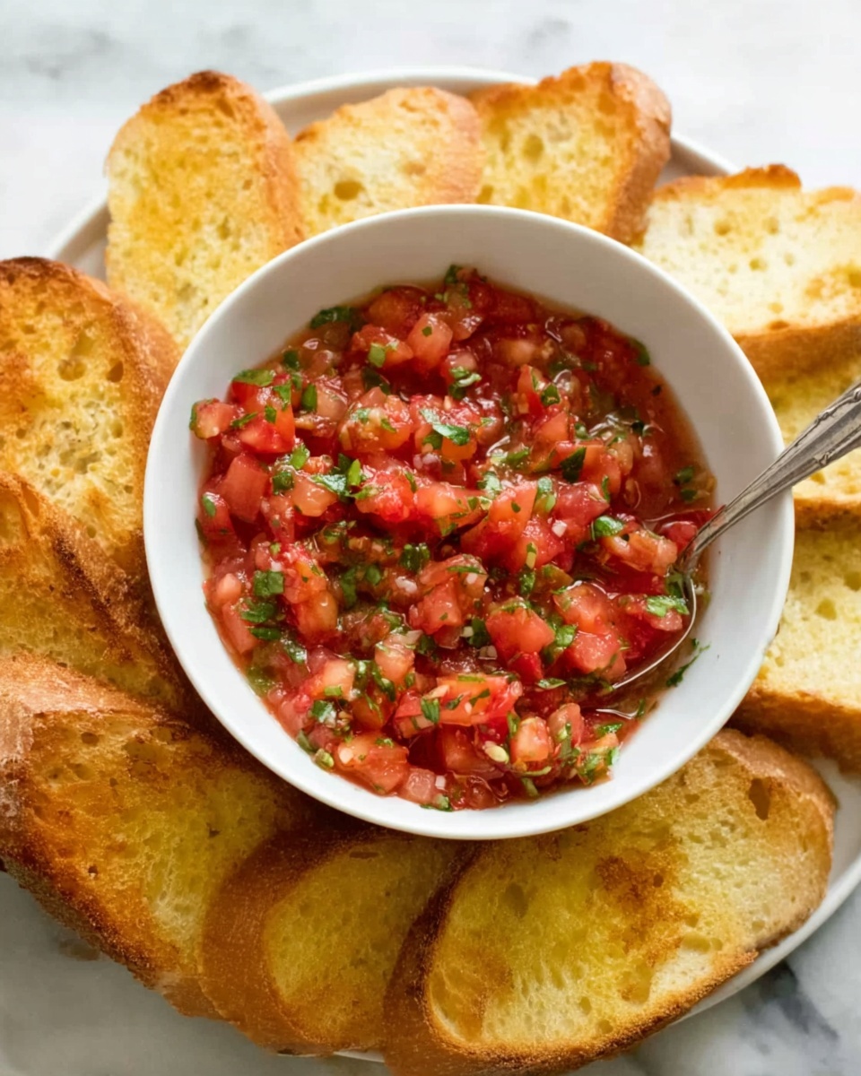 A white bowl filled with fresh tomato salsa made of chopped red tomatoes and green herbs, showing a moist and chunky texture. The bowl is surrounded by slices of toasted bread with a golden-brown crust and a soft yellow inside. A silver spoon rests inside the bowl, ready to scoop the salsa. The scene is set on a white marbled surface. photo taken with an iphone --ar 4:5 --v 7