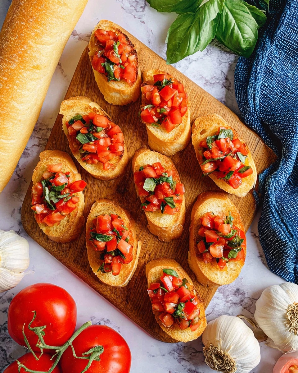 The image shows a wooden board holding eight small toasted bread slices, each topped with bright red diced tomatoes mixed with thin green basil leaves and a light drizzle of oil, creating a fresh and colorful look. The toasted bread is golden brown and slightly crispy on the edges. Next to the board is a long plain white baguette. Around the board, there are fresh garlic bulbs, green basil leaves, and ripe tomatoes placed on a white marbled surface. A blue textured cloth is also visible in the top-right corner. Photo taken with an iphone --ar 4:5 --v 7