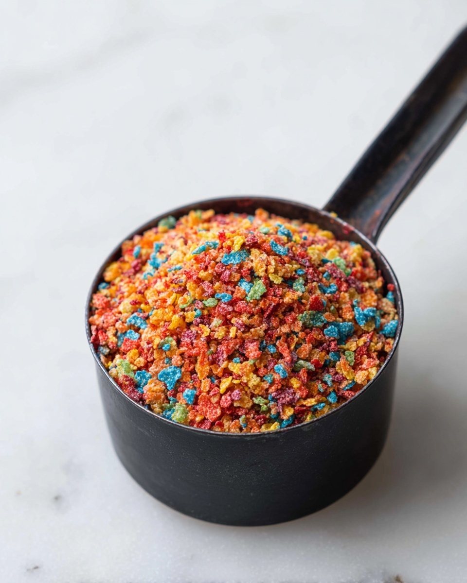 A small black metal measuring cup filled with a mound of finely crushed colorful cereal pieces. The cereal crumbs are a mix of bright red, orange, yellow, blue, and green bits with a rough grainy texture. The cup sits on a white marbled surface, and the handle extends diagonally to the back left. The crushed cereal is piled high above the rim in a rounded heap. photo taken with an iphone --ar 4:5 --v 7