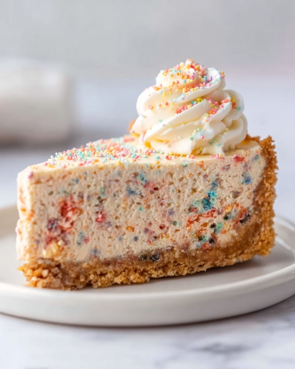 A single slice of cheesecake sits on a white plate on a white marbled surface. The cheesecake has three clear layers: the bottom layer is a thick, crumbly, golden-brown crust; the middle layer is a dense, creamy filling with colorful tiny specks mixed throughout; and the top layer is a swirl of white cream sprinkled with small, colorful bits. The lighting is soft and natural, highlighting the textures. Photo taken with an iphone --ar 4:5 --v 7