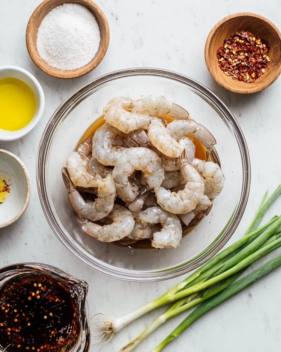 A clear glass bowl sits in the center filled with raw shrimp that are pale pink and gray, layered evenly and resting in a light brown liquid marinade. Surrounding the bowl, from top left clockwise, there is a small white bowl with white powder, a small wooden bowl with red chili flakes, and a small white bowl with yellow oil. At the bottom right, a few green onions with white bulbs and long green stems rest on the white marbled surface. The bottom left corner shows part of a glass measuring cup with dark liquid and chili flakes inside. photo taken with an iphone --ar 4:5 --v 7