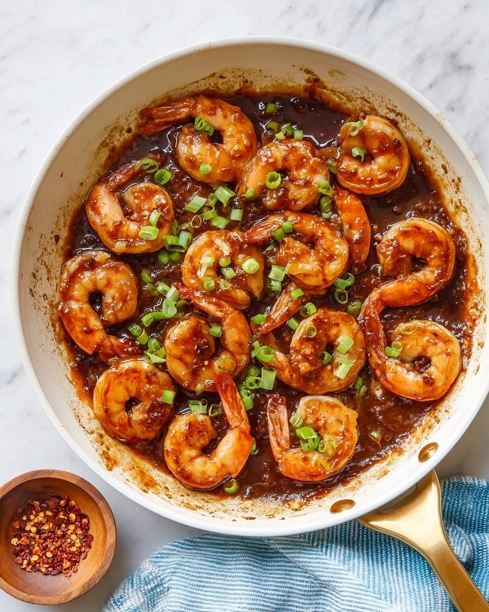A white pan with a gold handle holds about twenty cooked shrimp with curled tails, covered in a thick dark brown sauce. The shrimp are mixed with small pieces of green onions sprinkled on top. The pan's sides show some sauce stains, and a small wooden bowl with red chili flakes is placed nearby on a white marbled surface. There is a blue and white striped cloth next to the pan. photo taken with an iphone --ar 4:5 --v 7